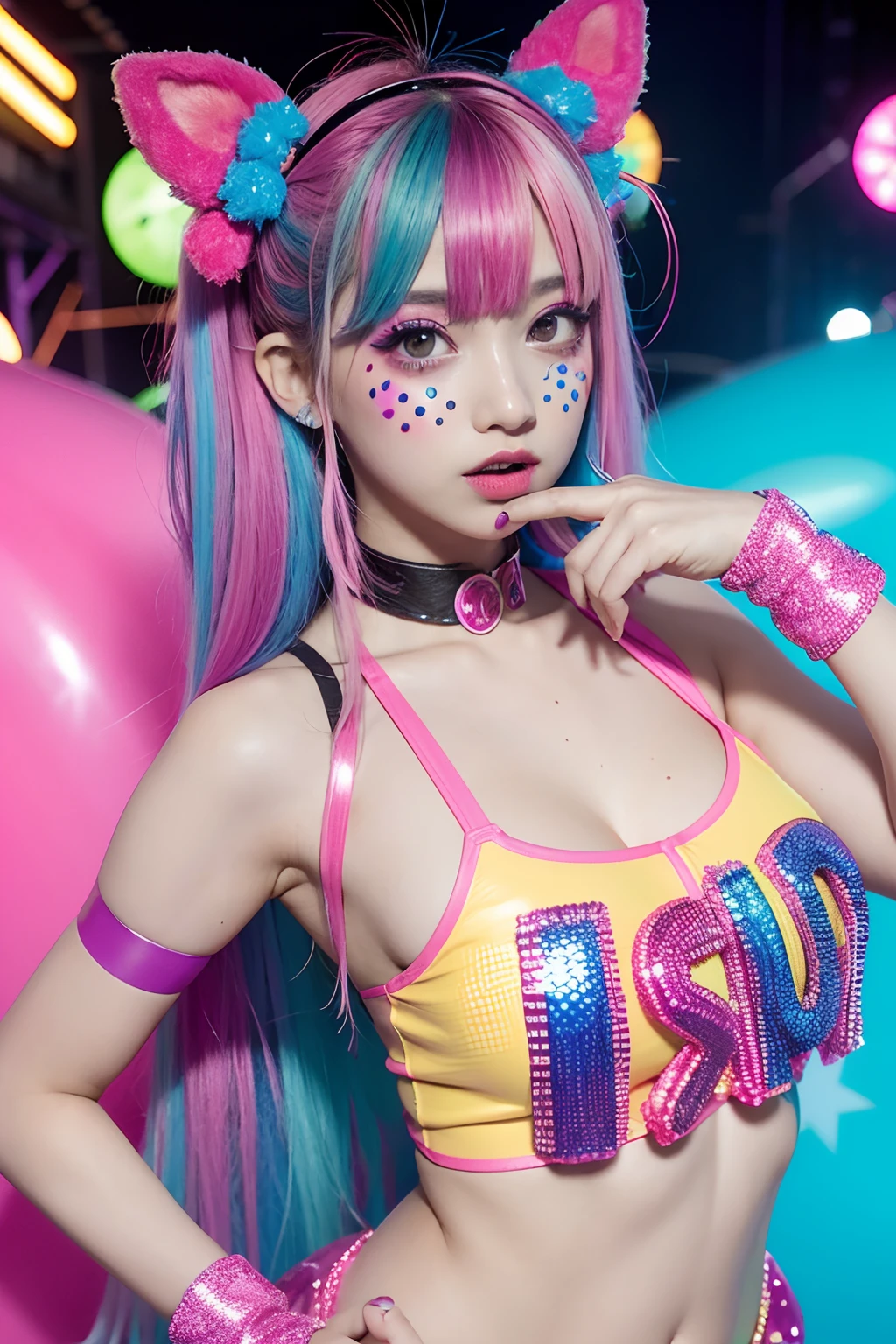 Alafe girl posing in colorful costume for photo, y 2 k cutecore clowncore, kawaii decora rainbowcore, kawaii hq render, candy girl, decora inspired, Unreal Engine : : Rave makeup, raver girl, Rave Girl, Rave Costume, glitchpunk girl, soda themed girl, playful and cheerful, eighties pinup style