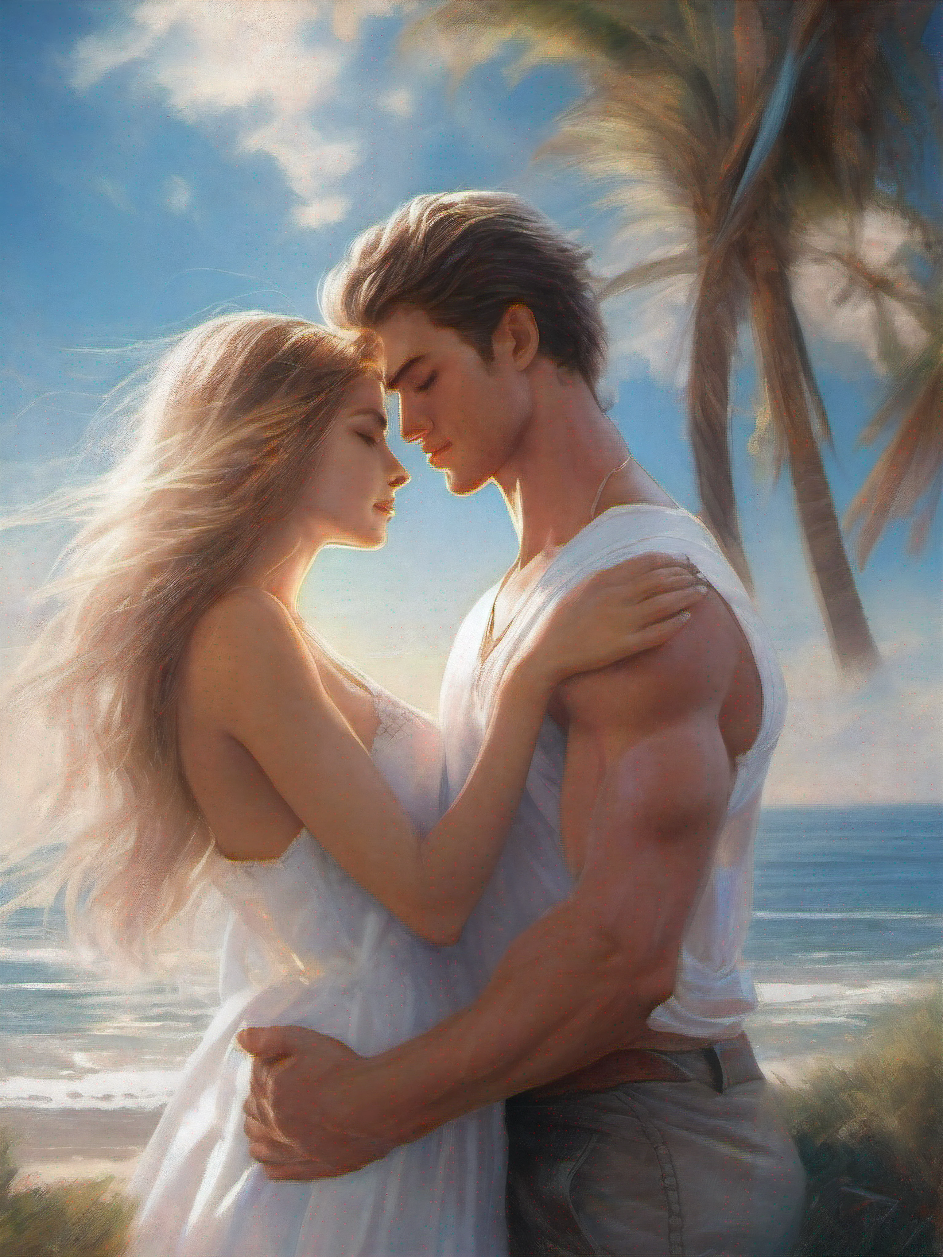 Two young people who are in love with each other have locked their eyes with each other and have touching foreheads. The man is muscular and lean with an open shirt and white shorts. The woman is beautiful and is wearing a white sweetheart georgette gown. Full body photo with beach background and sun in the sky with scattered clouds in between.