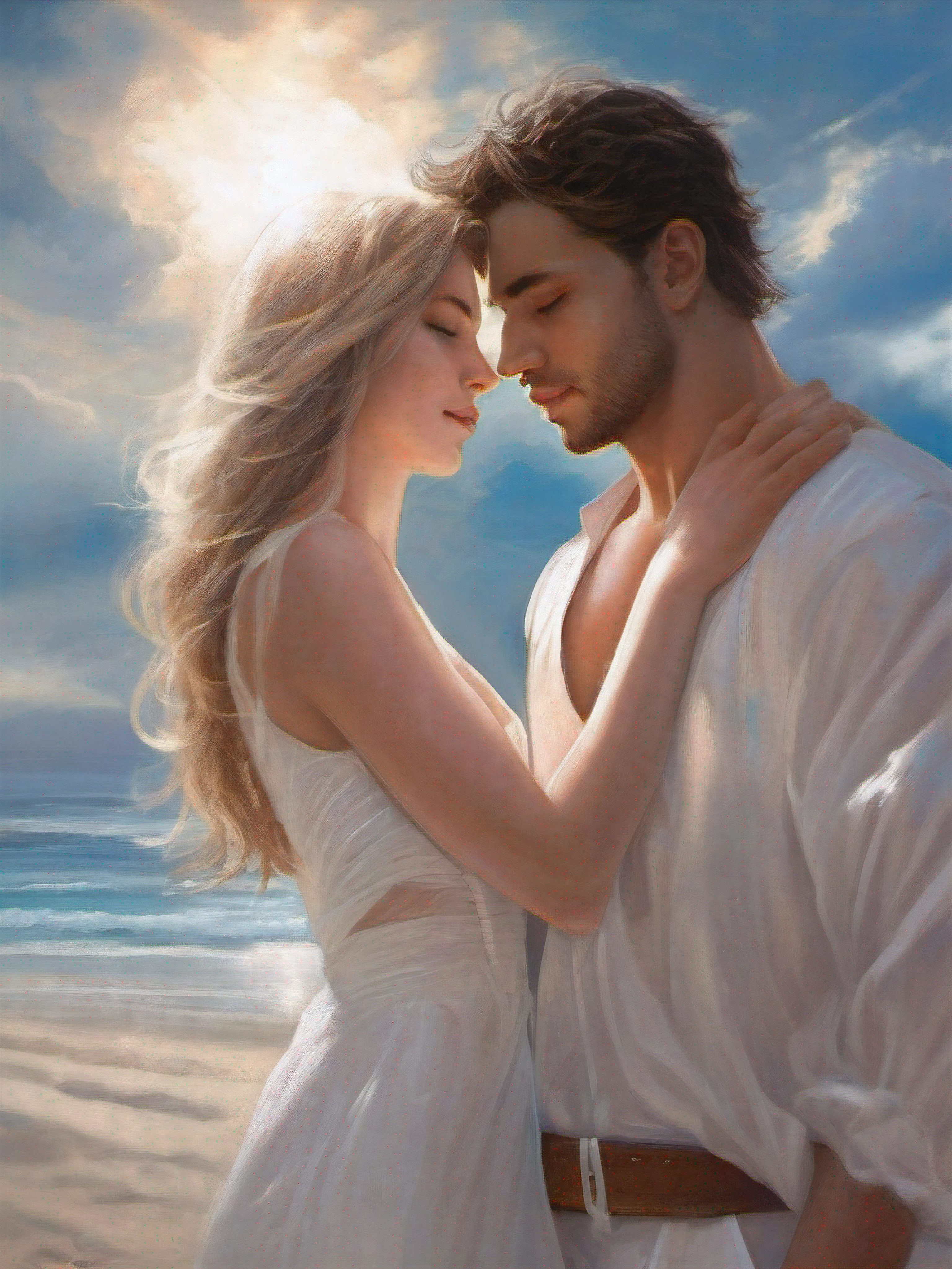 Two young people who are in love with each other have locked their eyes with each other and have touching foreheads. The man is muscular and lean with an open shirt and white shorts. The woman is beautiful and is wearing a white sweetheart georgette gown. Full body photo with beach background and sun in the sky with scattered clouds in between.