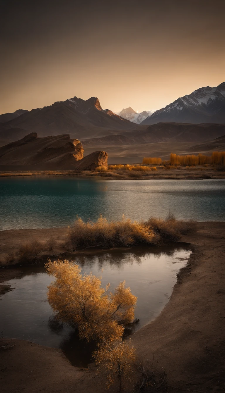Beautiful lake in Xinjiang, bathed in the warm glow of the setting sun. The sky stretches endlessly above, a breathtaking expanse of blues and whites. The rich hues of the landscape are captured by a professional photographer using a state-of-the-art Nikon camera, creating a vivid and detailed portrayal of this tranquil scene. Multiple angles are employed to capture every detail, with a resolution of 16k ensuring the highest quality image. The beauty of this natural wonder is enhanced by the soft and gentle lighting, making it a truly stunning sight to behold. --ar 9:16