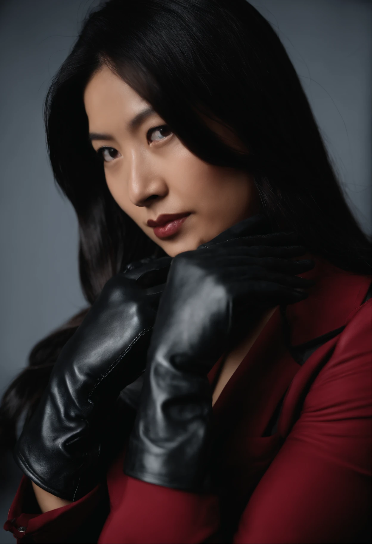 The upper body is covered with black leather gloves up to the fingertips in both hands. Black recruitment suit. Sitting on a leather chair on a desk in my room with a computer in the dark, talking to the other side of the screen. Long, black hair bundled in the back. Look at this, messing with the hair with the fingertips of black leather gloves, a very cute Japanese female