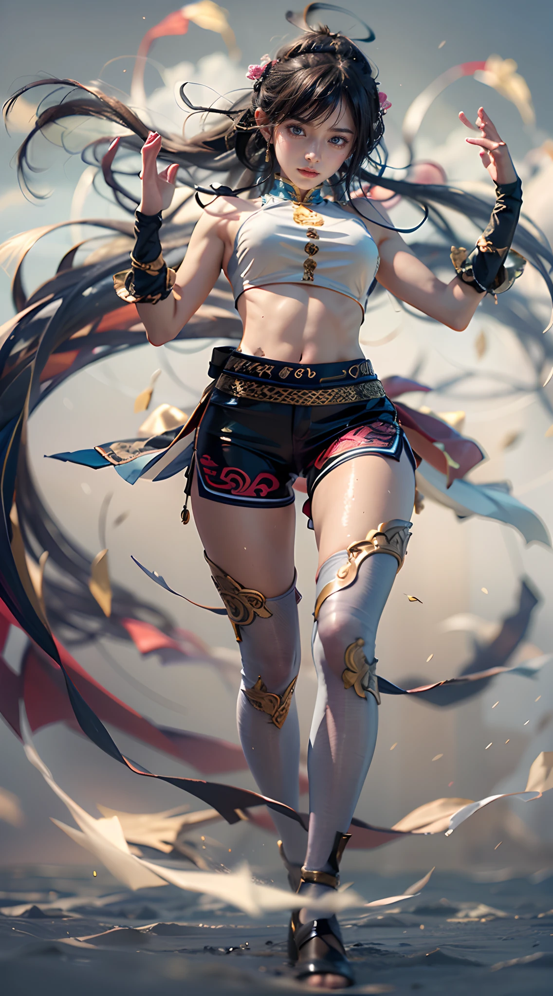 (The FW), 1womanl, Solo, 24 year old, 7headed body, (cute  face), (Ideal ratio body proportions), long , Magic Effects, Fantasia, Toned belly, fighting poses, ((Kungfu)), ((Mini China Costume)), ((Sleeveless)), ((shortpants)), Sexy body, heavy wind, The costume is sheer, Wet, short-hair, Dark hair, small tits, A slender, Small buttocks, beauty legs, Skinny Legs, surrealism, Cinematic lighting, depth of fields, One-person viewpoint, F/1.8, 135 mm, nffsw, masutepiece, ccurate, ((Anatomically correct)), Textured skin, Super Detail, high details, High quality, awardwinning, Best Quality, hight resolution, 8K