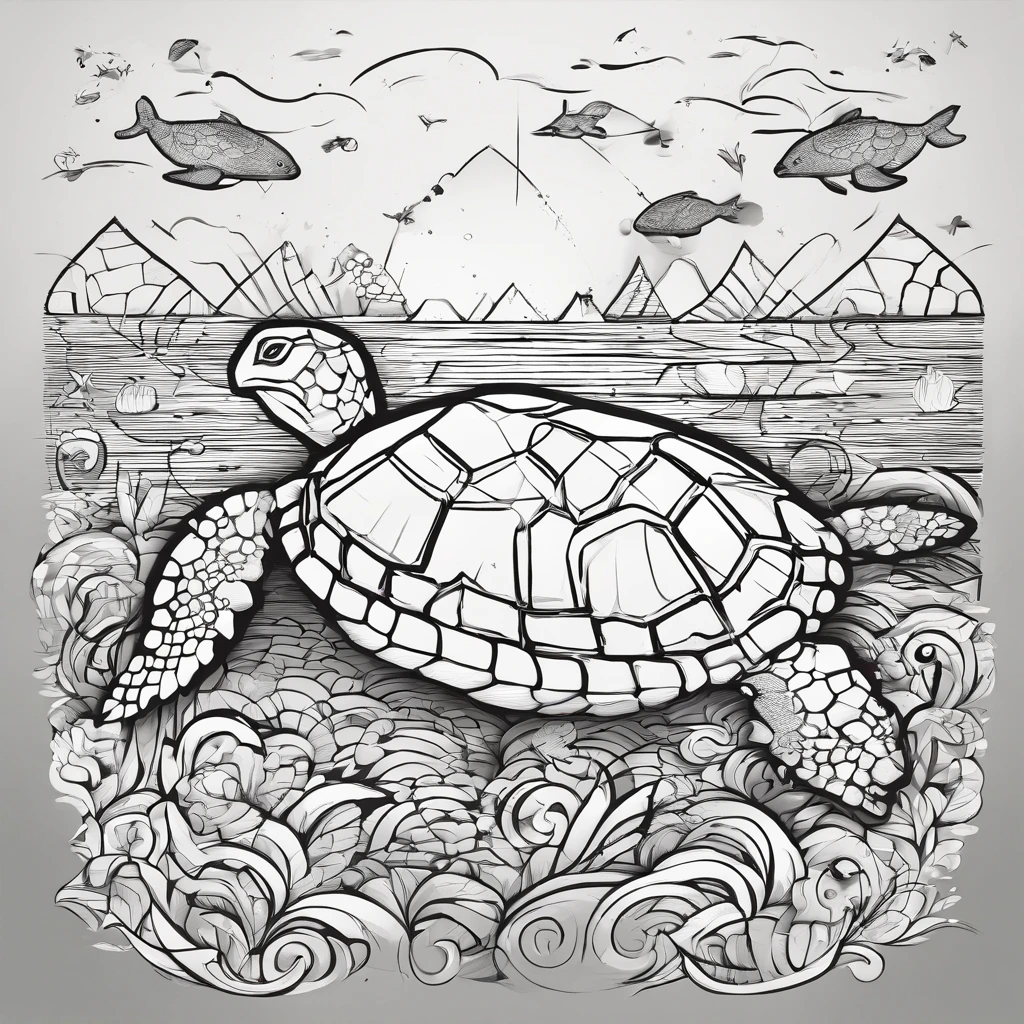 Sea and turtle、line-drawing、black-and-white、Minimalist、cute little、A logo