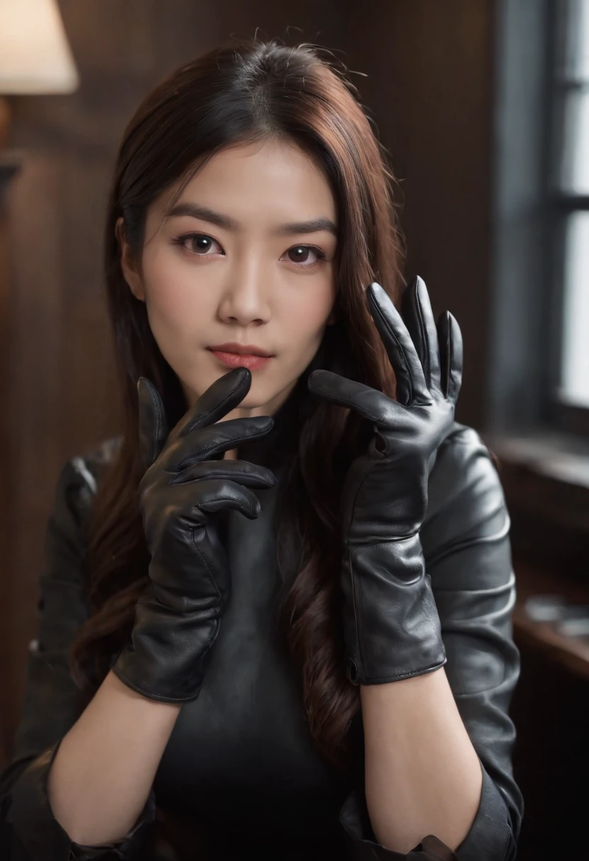 The upper body is covered with black leather gloves up to the fingertips in both hands. Black recruitment suit. Sitting on a leather chair on a desk in my room with a computer in the dark, talking to the other side of the screen. Long, black hair bundled in the back. Look at this, messing with the hair with the fingertips of black leather gloves, a very cute Japanese female