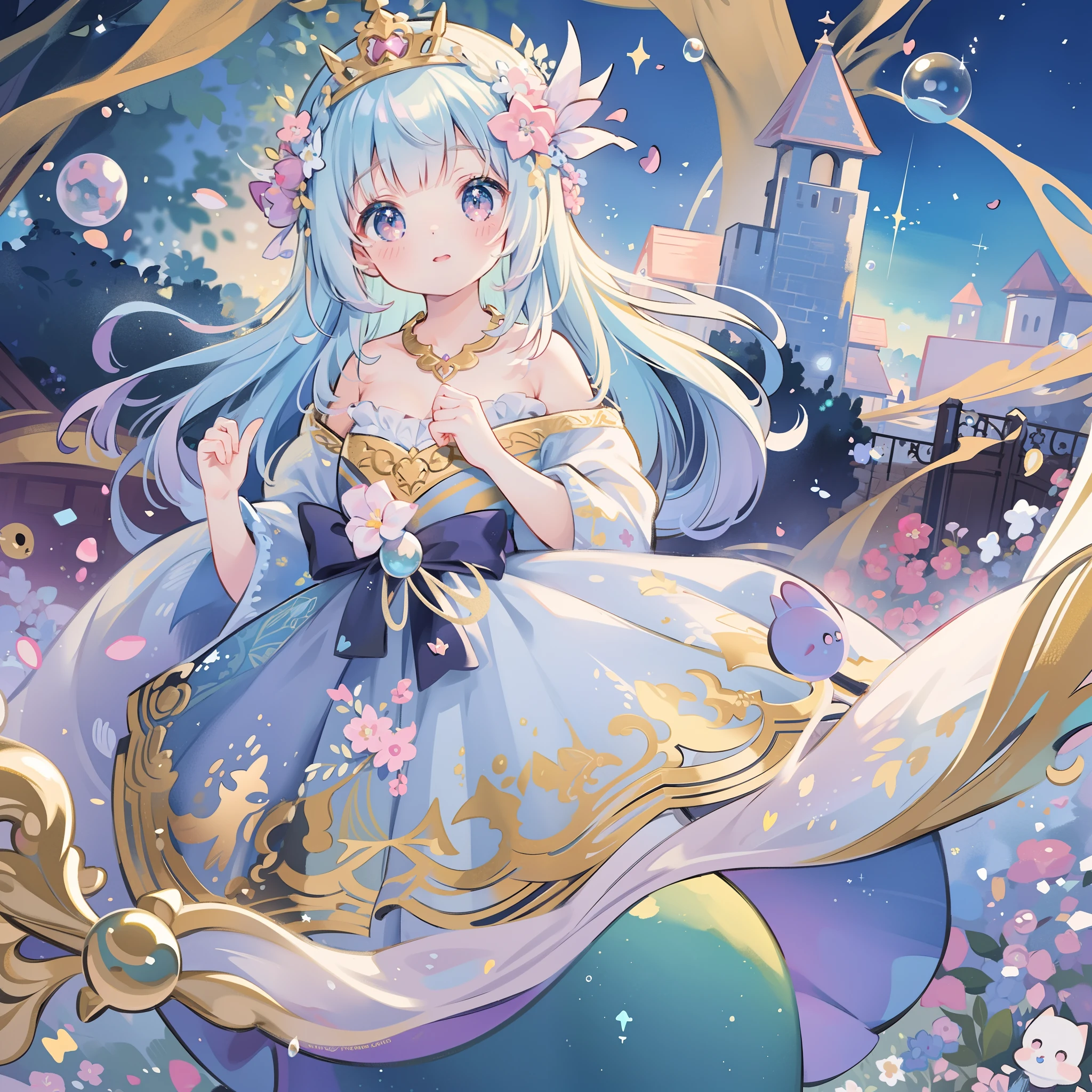 masterpiece, best quality, 8k resolution, sharp focus, intricate detail, beautiful girl, sparkling eyes, golden ratio face, otherworldly liquid, watercolor, pastel colors, bright colors, whimsical, colorful, sharp focus, high resolution, fine detail, princess fantasy flowing ballgown, ((round eyes)), iridescent bubbles, castle landscape in background
