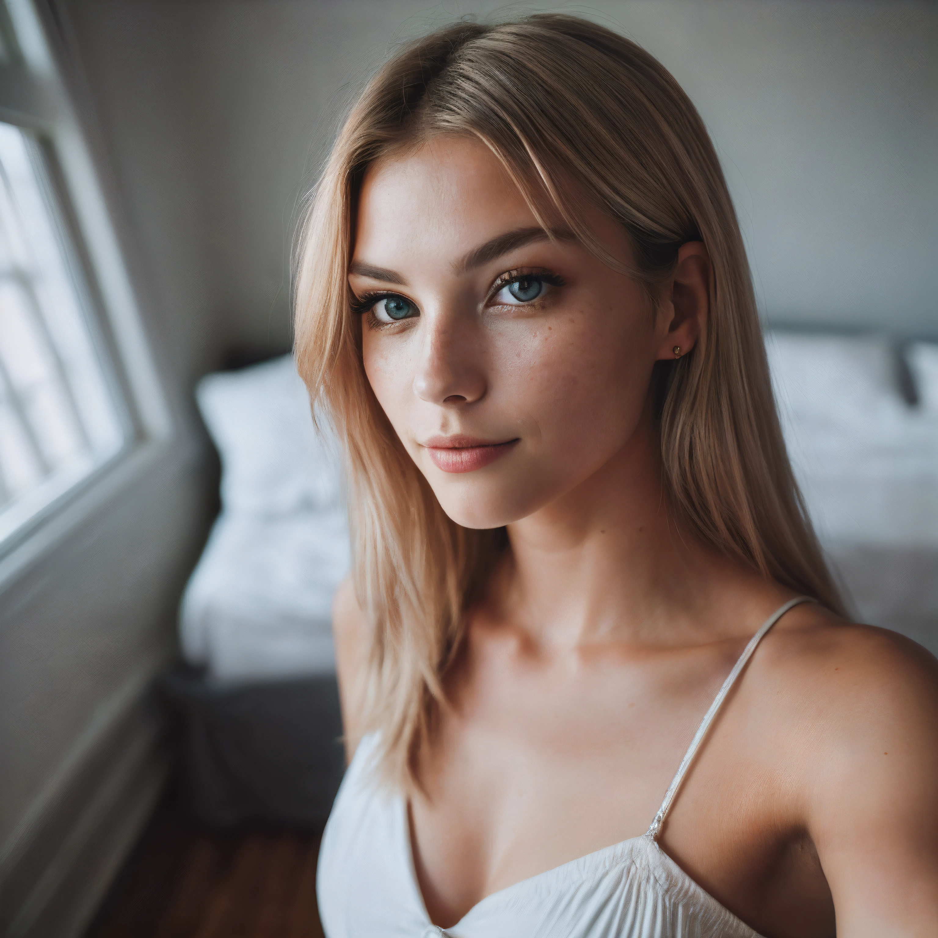 (selfie, top view: 1.4), (straight half of the body: 1.4), RAW UHD portrait photo of a 24-year-old blonde (blue-eyed woman) standing in her bedroom (skirt), (neckline), details (textures! , hair! , glitter, color!! , disadvantages: 1.1), glossy eyes with high detail (looking at the camera), SLR lighting, SLR camera, ultra-quality, sharpness, depth of field, film grain (center), Fujifilm XT3, crystal clear, frame center, beautiful face, sharp focus, bokeh (dimly lit), night, (night sky), detailed skin pores, oily skin, sunburn, complex eye details, full body, large breasts