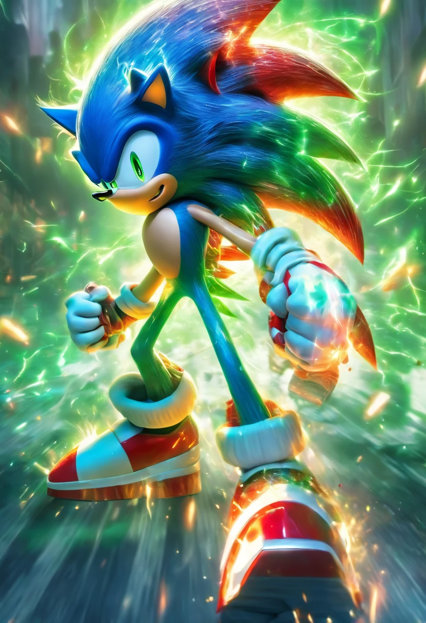 Create a Brand New Sonic Character with the likeness of Sonic the hedgehog but red colored from the future like silver the hedgehog and has rid around his wrists that glow green and make the image action packed with particle effects and HDR 4K expert linework