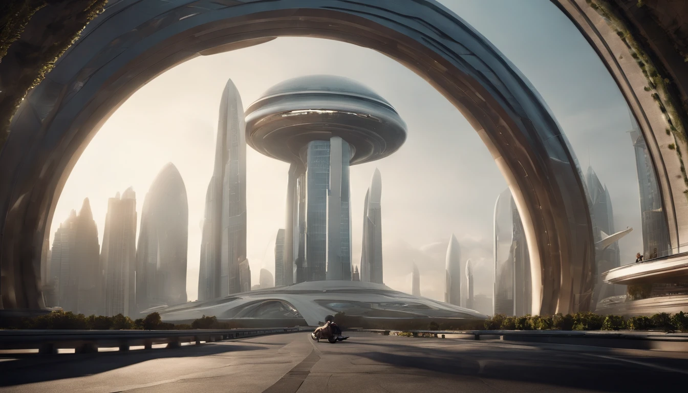 What photography,Ultra photo realsisim,hyper-detailing,Ultra-wide-angle picture,24th century,sci fi city,fansty world,Tech City of the Future,Oval building,Suspended circular aircraft,Roads leading in all directions,highly detailed surreal vfx,Smudge,Faraway view,super-fine,ultra - detailed,high qulity,8K ,oc rendered,dynamic viewing angle