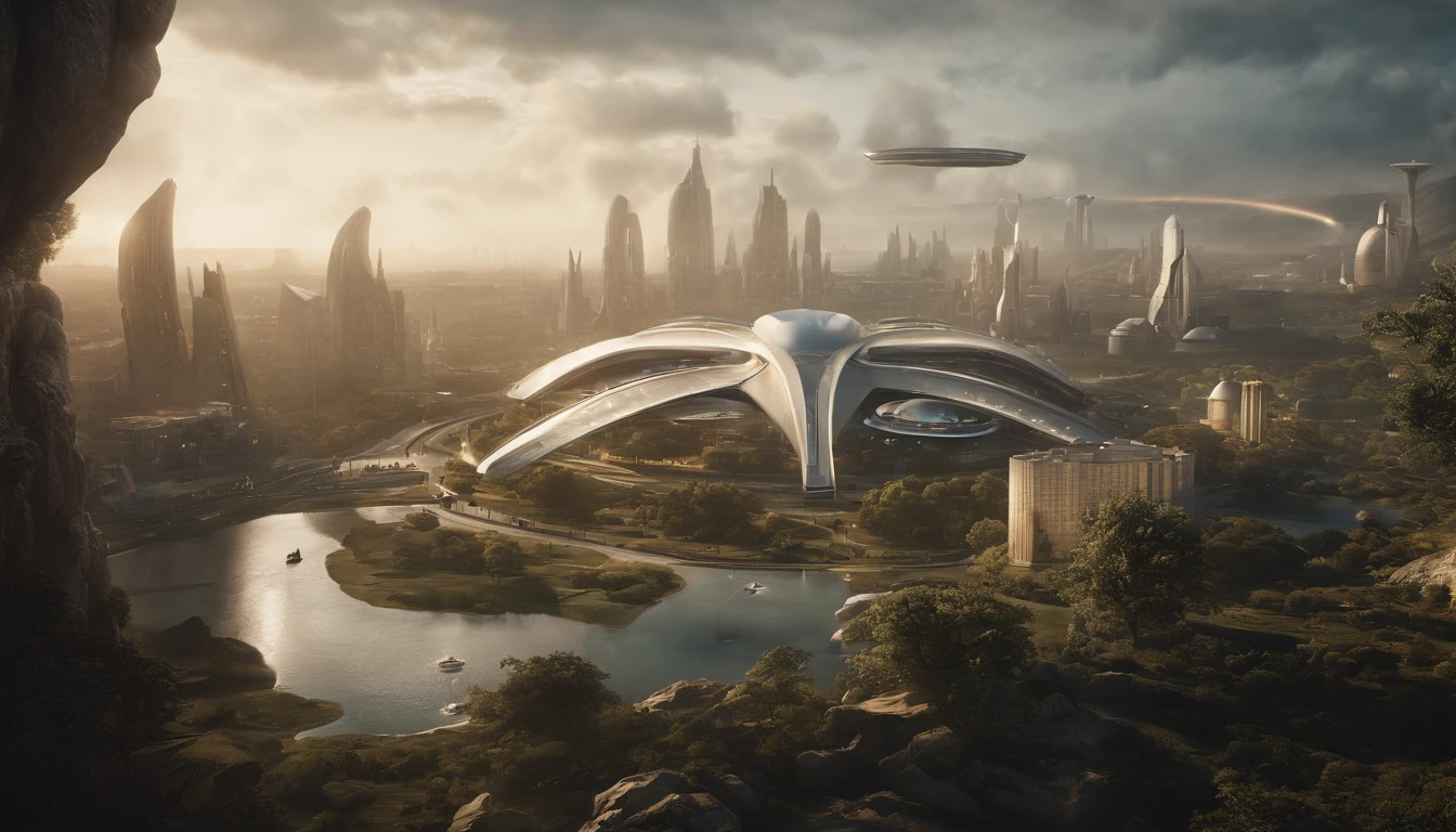 What photography，Ultra photo realsisim，hyper-detailing，Ultra-wide-angle picture，24th century，sci fi city，fansty world，Tech City of the Future，Oval building，Suspended circular aircraft，Roads leading in all directions，highly detailed surreal vfx，Smudge，Faraway view，super-fine，ultra - detailed，high qulity，8K ，oc rendered，dynamic viewing angle