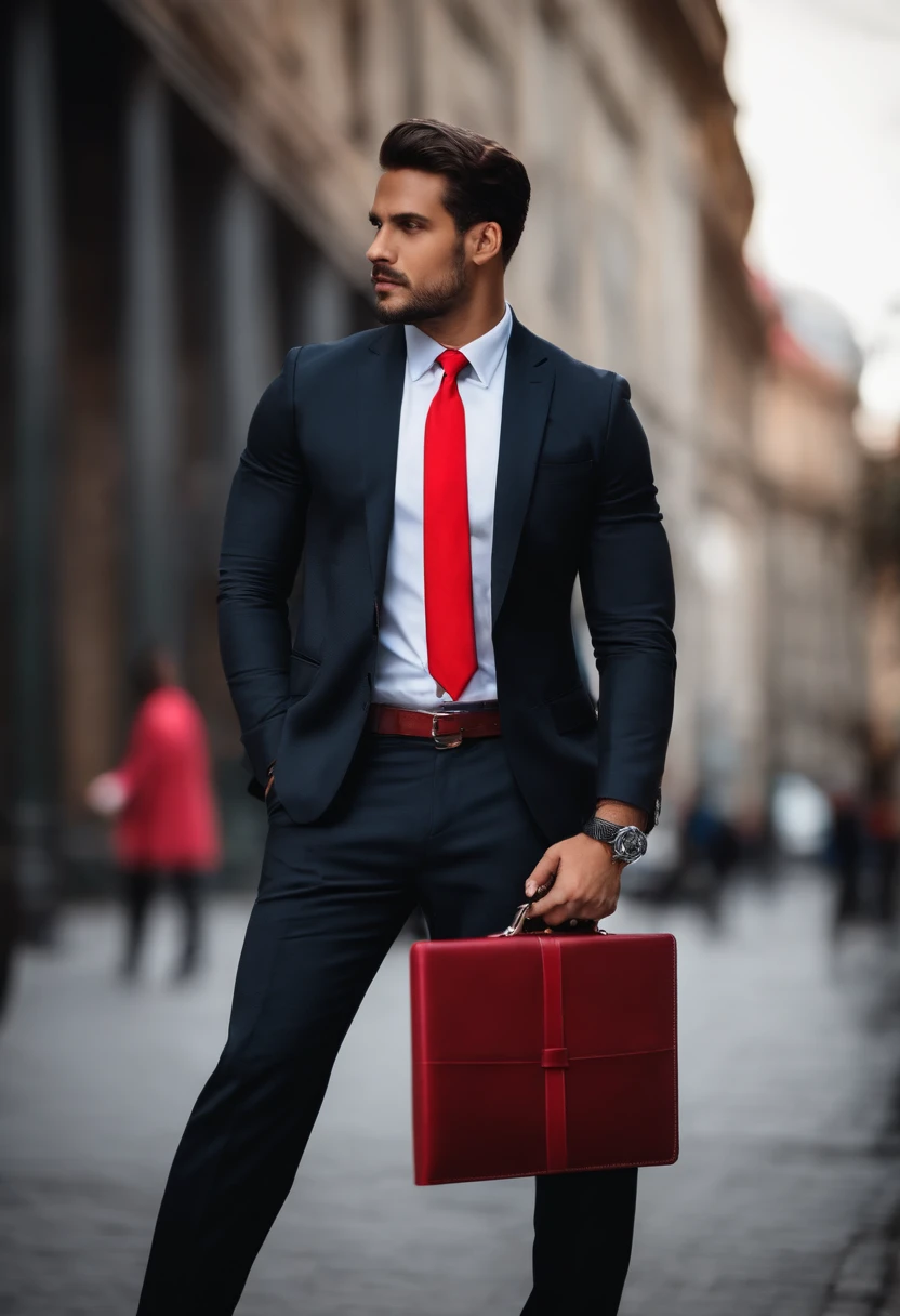 reporter masculino com terno preto, Red tie and notebook, with the expression of curiosity interviewing a person