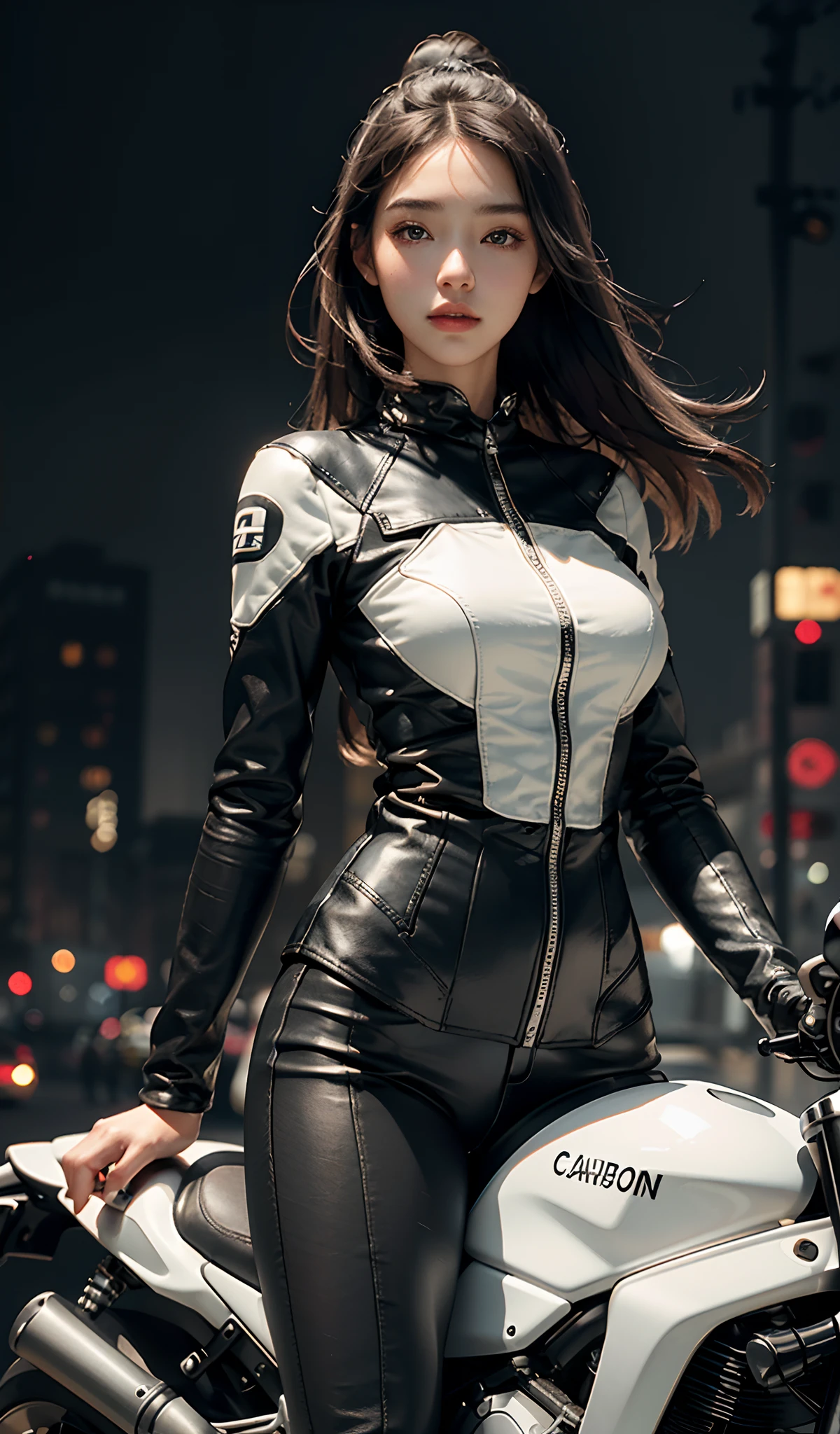 1 female , female, Exquisite and beautiful face, blush, eat lollipop, Various hairstyles, plump, Buttocks protruding, wet body, Wearing a blue shirt with a badge, black tie, Black tight leather pants, black boots, White gloves, wearing a helmet, close up, Buttocks close up, perfect proportions, Detailed clothing details, water drop effect, liquid effect, motorcycle, Lighting effects, futuristic city, high-tech scene, high quality, masterpiece, 8K,
