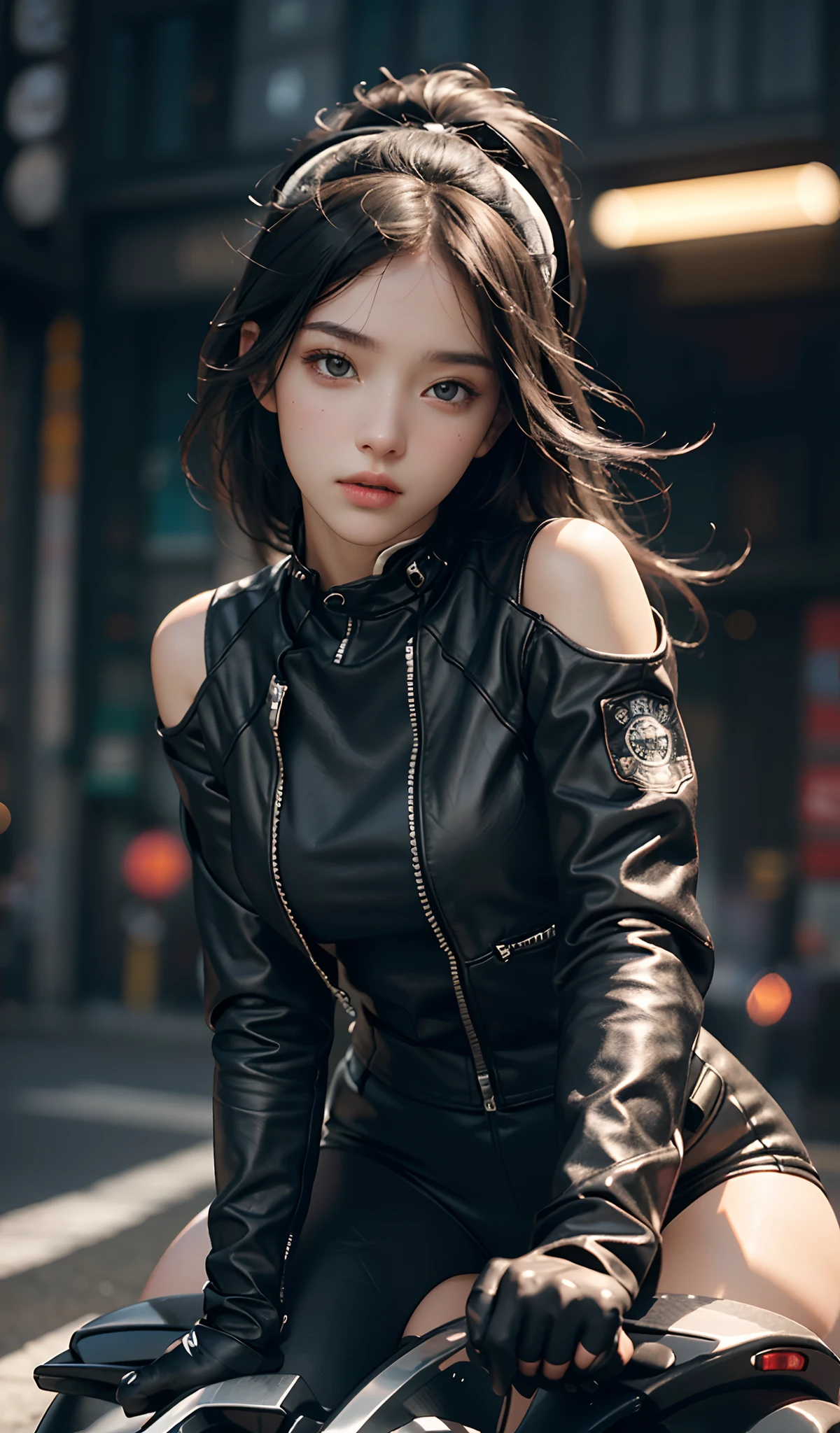 Highest image quality, Outstanding details, Ultra-high resolution, (Realism: 1.4), The best illustration, favor details, highly condensed 1girl, with a delicate and beautiful face, Wear carbon black and white clothing, holding a directional controller, Riding on a motorcycle, the background is a high-tech lighting scene of the city of the future.