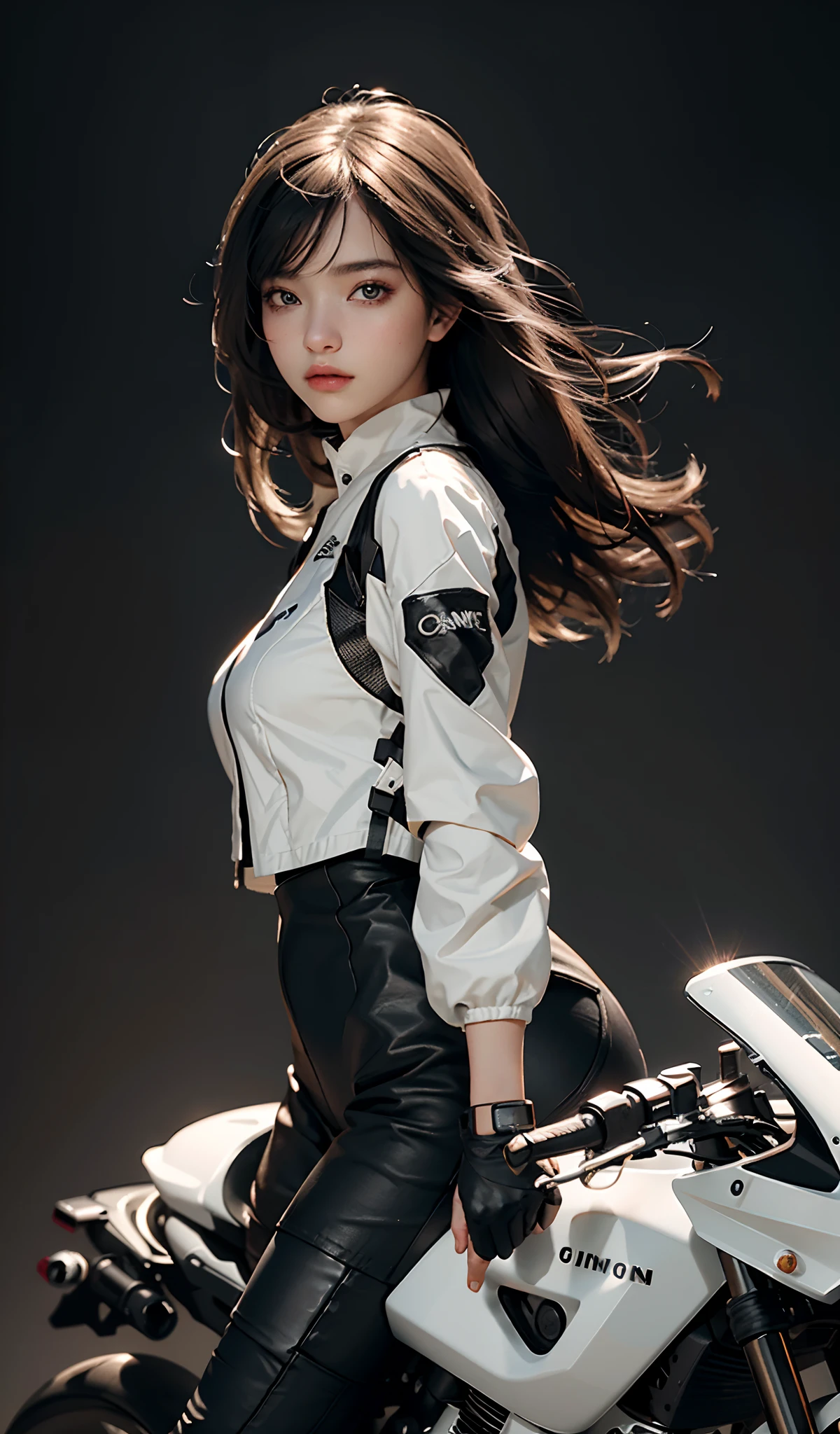 Highest image quality, Outstanding details, Ultra-high resolution, (Realism: 1.4), The best illustration, favor details, highly condensed 1girl, with a delicate and beautiful face, Wear carbon black and white clothing, holding a directional controller, Riding on a motorcycle, the background is a high-tech lighting scene of the city of the future.