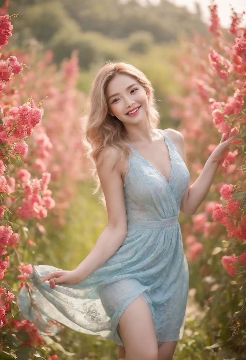 (masterpiece, Vivid portrait:1.3), (Seductive depiction of blonde woman in flower garden:1.2), (Canon EOS 5D Mark IV Camera, Famous for capturing vibrant colors and rich textures:1.2),(Korean idol), (Paired with Canon EF 35mm F/1.4L II USM lens for versatile compositions:1.2), (Flowing, voluminous blonde hair caught in the breeze, Adding dynamism:1.1), (Glowing blue eyes reflecting the shade of the sky:1.1), (A perfect face that exudes perfection:1.1), (Knee-length sundress full of kaleidoscopes of colors:1.1), (Her cheerful smile radiating pure happiness:1.1), (Playful movements of the dress to capture the light:1.1), (A mix of wildflowers to create a vibrant backdrop:1.1), (Sunlit fields depicting a joyful atmosphere:1.1), (The sensor of the camera is、Captures the intricate texture of her hair and fabric:1.1), (Lenses that highlight her seductive smile and vibrant outfit:1.1), (A moment to capture carefree joy in nature:1.1), (The synergy of color and emotion in one frame:1.1), (Portrait capturing the essence of the radiant spirit in a blooming landscape:1.1)