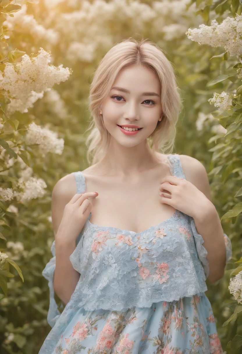 (masterpiece, Vivid portrait:1.3), (Seductive depiction of blonde woman in flower garden:1.2), (Canon EOS 5D Mark IV Camera, Famous for capturing vibrant colors and rich textures:1.2),(Korean idol), (Paired with Canon EF 35mm F/1.4L II USM lens for versatile compositions:1.2), (Flowing, voluminous blonde hair caught in the breeze, Adding dynamism:1.1), (Glowing blue eyes reflecting the shade of the sky:1.1), (A perfect face that exudes perfection:1.1), (Knee-length sundress full of kaleidoscopes of colors:1.1), (Her cheerful smile radiating pure happiness:1.1), (Playful movements of the dress to capture the light:1.1), (A mix of wildflowers to create a vibrant backdrop:1.1), (Sunlit fields depicting a joyful atmosphere:1.1), (The sensor of the camera is、Captures the intricate texture of her hair and fabric:1.1), (Lenses that highlight her seductive smile and vibrant outfit:1.1), (A moment to capture carefree joy in nature:1.1), (The synergy of color and emotion in one frame:1.1), (Portrait capturing the essence of the radiant spirit in a blooming landscape:1.1)