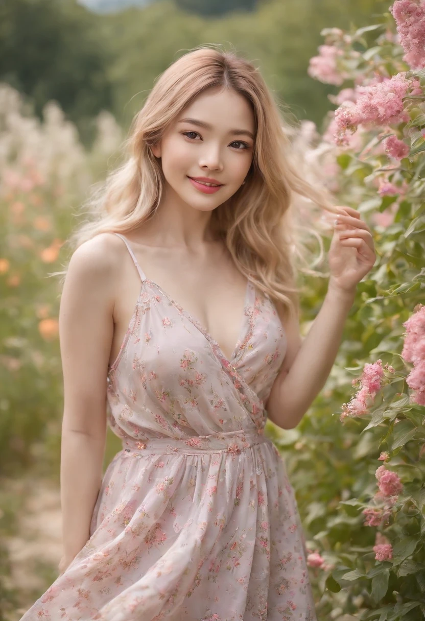 (masterpiece, Vivid portrait:1.3), (Seductive depiction of blonde woman in flower garden:1.2), (Canon EOS 5D Mark IV Camera, Famous for capturing vibrant colors and rich textures:1.2),(Korean idol), (Paired with Canon EF 35mm F/1.4L II USM lens for versatile compositions:1.2), (Flowing, voluminous blonde hair caught in the breeze, Adding dynamism:1.1), (Glowing blue eyes reflecting the shade of the sky:1.1), (A perfect face that exudes perfection:1.1), (Knee-length sundress full of kaleidoscopes of colors:1.1), (Her cheerful smile radiating pure happiness:1.1), (Playful movements of the dress to capture the light:1.1), (A mix of wildflowers to create a vibrant backdrop:1.1), (Sunlit fields depicting a joyful atmosphere:1.1), (The sensor of the camera is、Captures the intricate texture of her hair and fabric:1.1), (Lenses that highlight her seductive smile and vibrant outfit:1.1), (A moment to capture carefree joy in nature:1.1), (The synergy of color and emotion in one frame:1.1), (Portrait capturing the essence of the radiant spirit in a blooming landscape:1.1)