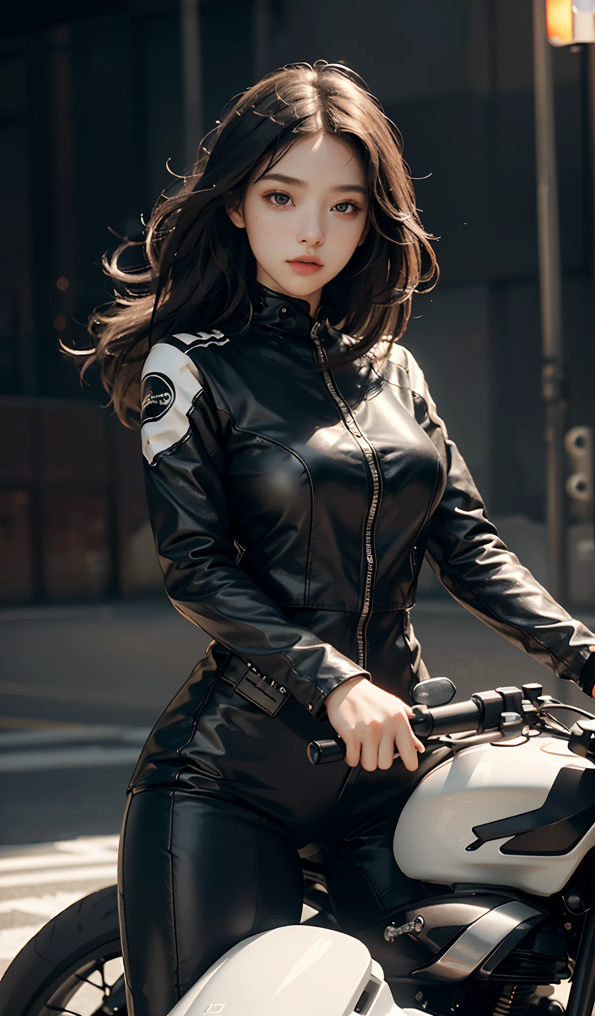 Highest image quality, Outstanding details, Ultra-high resolution, (Realism: 1.4), The best illustration, favor details, highly condensed 1girl, with a delicate and beautiful face, Wear carbon black and white clothing, holding a directional controller, Riding on a motorcycle, the background is a high-tech lighting scene of the city of the future.