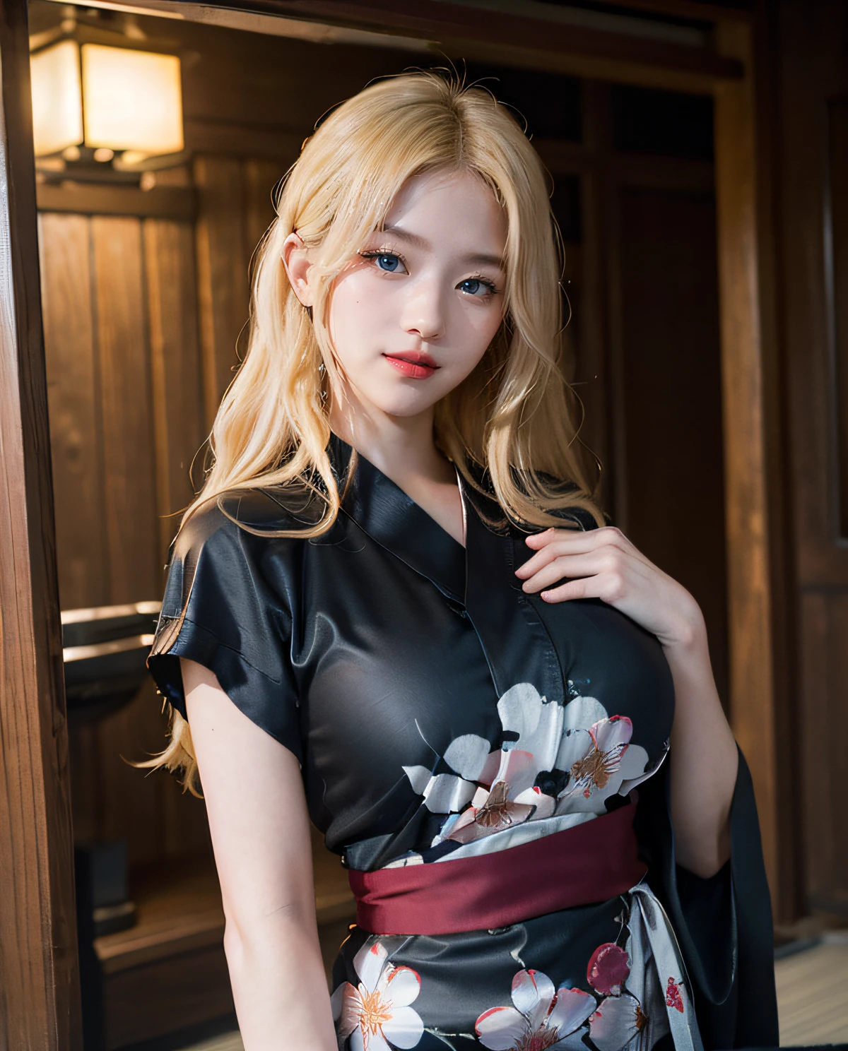 1girl, (Blue eyes), smiling, (Sana Minatozaki), wide hips, Big Boobs, big ass, (Best Quality, 8k, Masterpiece: 1.3), Clear Focus: 1.2, Perfect Body Beauty: 1.4, Slender Abs: 1.2, Highly detailed face and skin texture, detailed eyes, double eyelids, red lips, red lips, (blonde long hair), (flowered black yukata suit :1.2), (closeup at tits :1.3), bent over showing tits, in a ryokan, deep on field