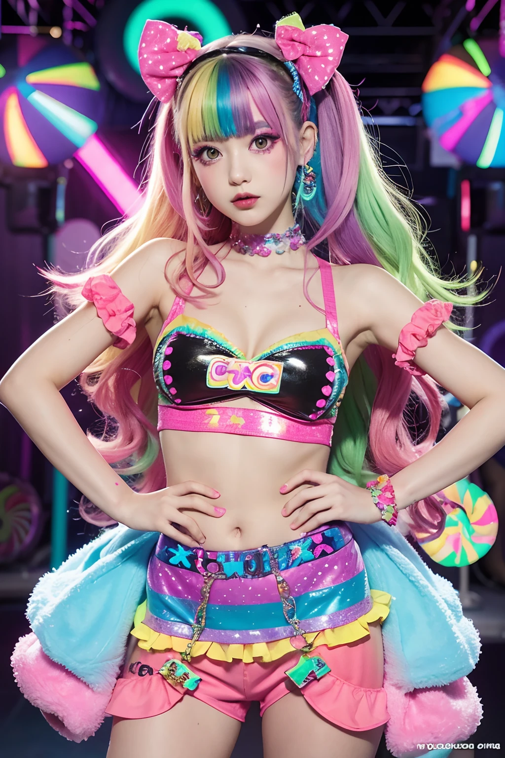One girl, masterpiece, Very detailed, ((Cinema Lighting)), (Shine), ((Dramatic lighting)), ((Beautiful sparkle)), Exquisite detail, Lens flare, Multicolored Hair, Rainbow Hair, Long Hair, colorfulなドレス, butterflyの髪飾り, butterfly, (Particles of light), Put your arms behind your back, Large Breasts, [Curvy], Cowboy Shot, A light smile, Green Eyes, church, Stained glass, Spotlight, Dark Background, Floating Hair, Floating Hair, View your viewers,((colorful)) Mini Skirt Pleated Skirt