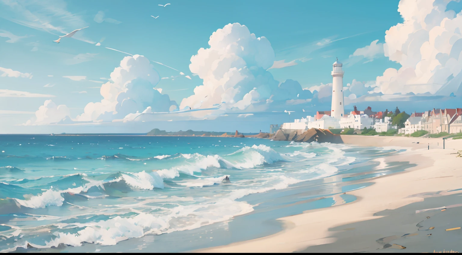 High quality, High detail, Blue sky, beachside,White lighthouse,White clouds,, Glow