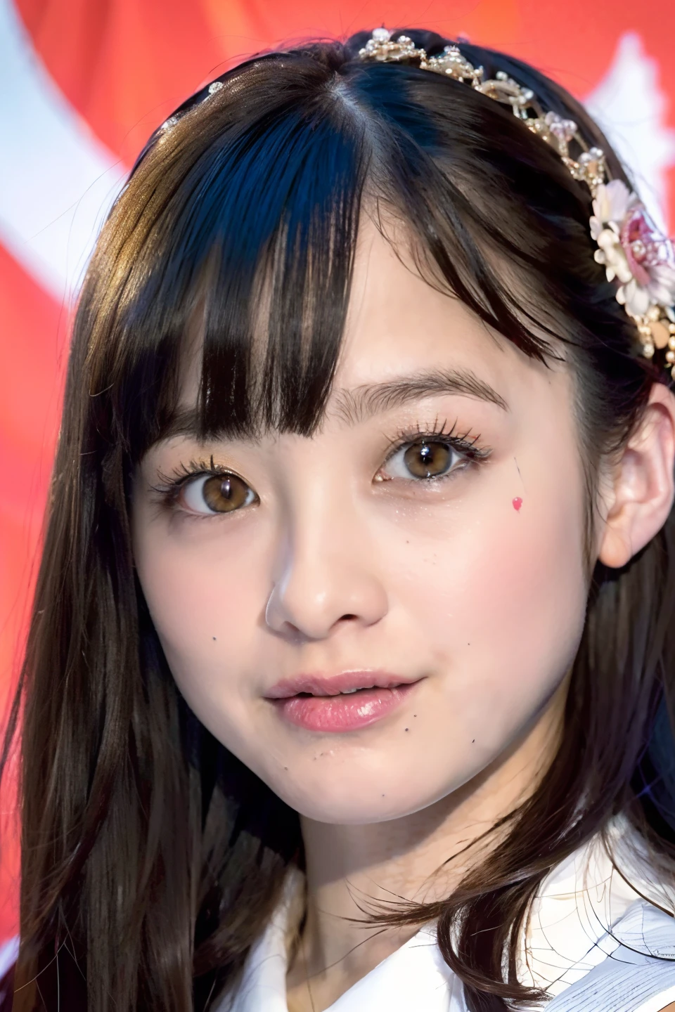 (realistic, photo-realistic:1.37),(8k, RAW photo, best quality, masterpiece:1.2), cute, ultra-detailed,heart-shaped pupils,physically-based rendering, ultra high res, looking at viewer,photorealistic,realistic, solo, photorealistic, best quality,extremely detailed face,extremely detailed eyes and face, beautiful detailed eyes,absurdres, incredibly absurdres,haunting smile,childish looks,Messy hair, floating hair,pureerosface_v1:0.2, face close-up