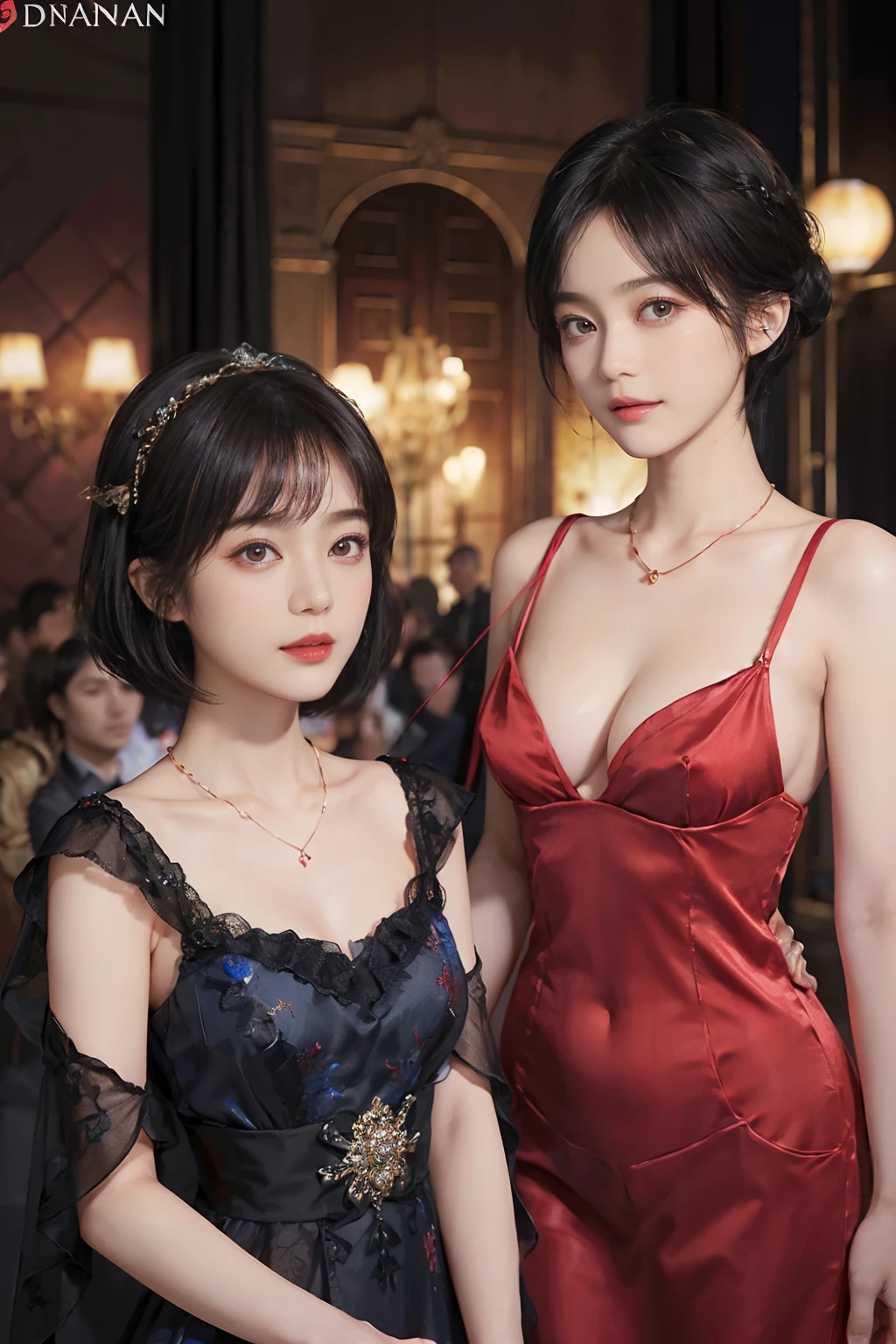 ((1womanl)),  (((Black-short-hair))), （masuter piece：1,3）、top-quality、​masterpiece、hight resolution、Original、highly detailed wallpaper、dress code、Luxurious necklace, (A slight smil)、a small face、((breast))、(Red and blue dresses)、(light on face)、Live-action style, Beautiful facial features, darkened room, ((Hu Dilan)), Masquerade, (fancy-dress ball), masquerade ball