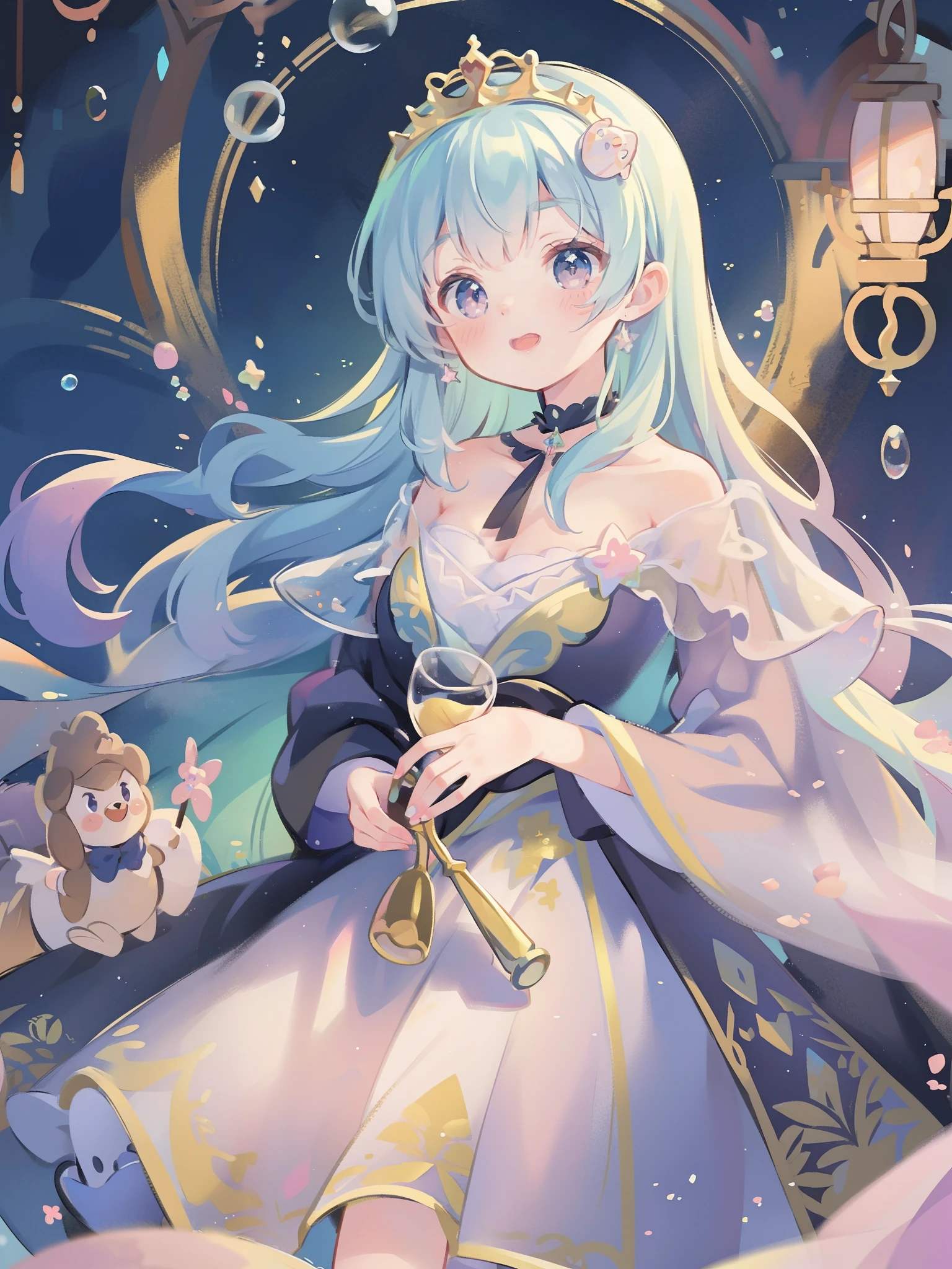 masterpiece, best quality, 8k resolution, sharp focus, intricate detail, beautiful girl, sparkling eyes, golden ratio face, otherworldly liquid, watercolor, ((pastel colors)), bright colors, whimsical, colorful, sharp focus, high resolution, fine detail, princess fantasy ballgown, ((round eyes)), iridescent bubbles, castle landscape in background