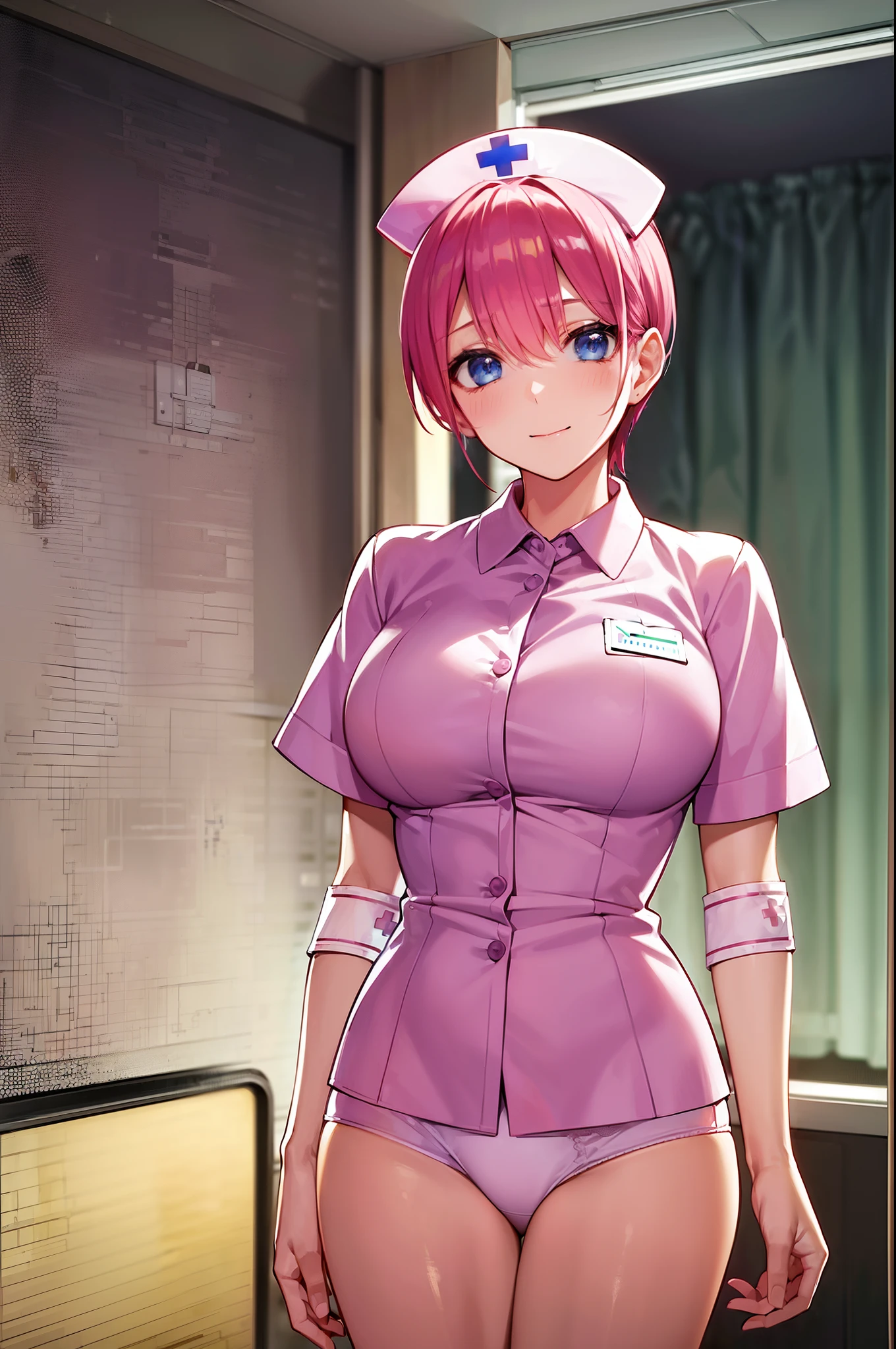 (((nurse's outfit))), ((Underwear)), ((Hospital room)), Pink hair, short-hair, The highest image quality, hightquality, high detailing, 超A high resolution, 8K, depth of fields, Cinematography, intricate detailes, Elaborate, meticulous, Magnificent, Maximum Detail, Extreme beauty