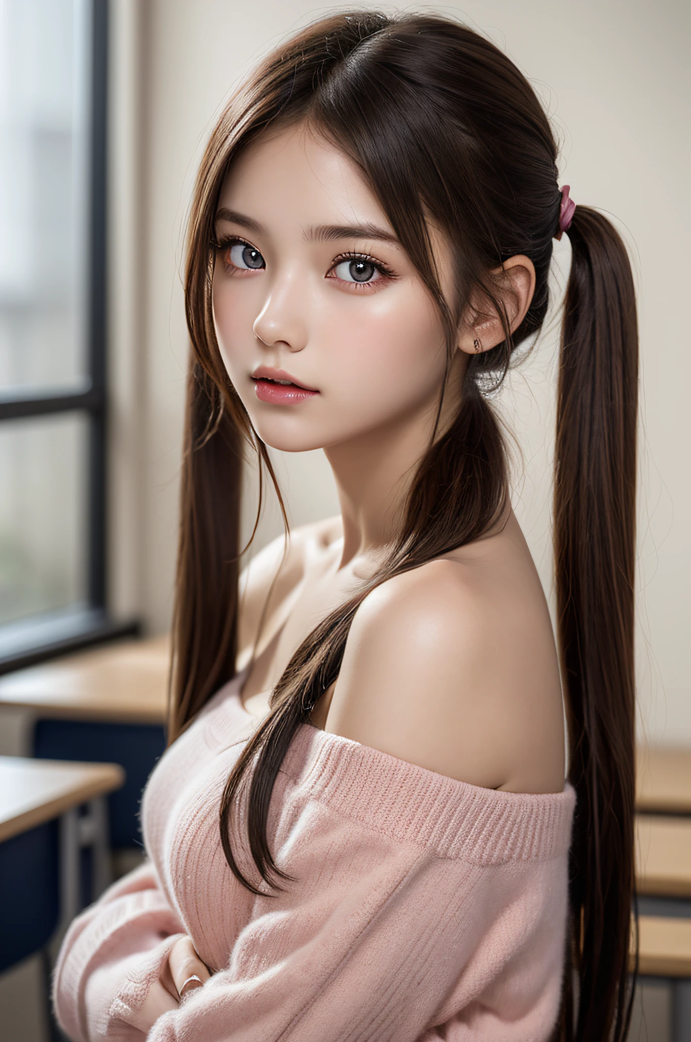 ((1girl in)), ((Best Quality)), (Ultra-detailed), (extremely detailed CG unified 8k wallpaper), Highly detailed, High-definition raw color photos, Professional Photography, (Twintails), Brown hair, Amazing face and eyes, Pink eyes, (amazingly beautiful girl), School, classroom, off shoulder,