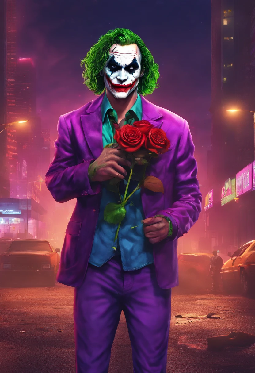 A depressed young man, in the makeup of the Joker, night time, Sateen, Holding a rose in his hands, 4k, Ultra realistic environments, Ultra-realistic lighting, many details, Masterpiece,