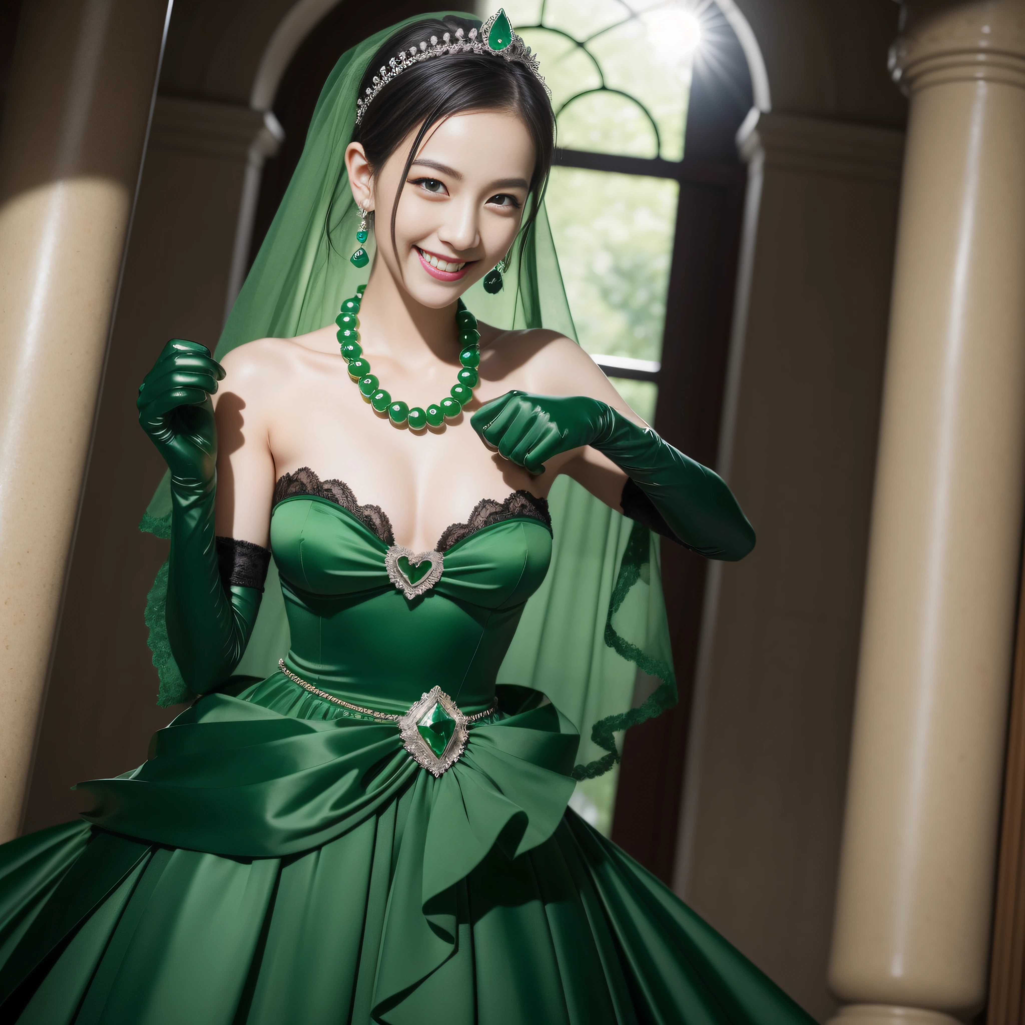 Boyish very short black hair, lipsticks, Japan woman smiling, Green Long Grove, Emerald Tia boyish very short black hair, lipsticks, Japan woman smiling, Satin green long gloves, Green Pearl Necklace, verd s eyes, Green eyes, Long green gloves made of satin material, big breasts beautiful, Green Bridal Veil, Green eyes, Emerald Earrings,emerald tiara,Detailed thumbs up with left hand