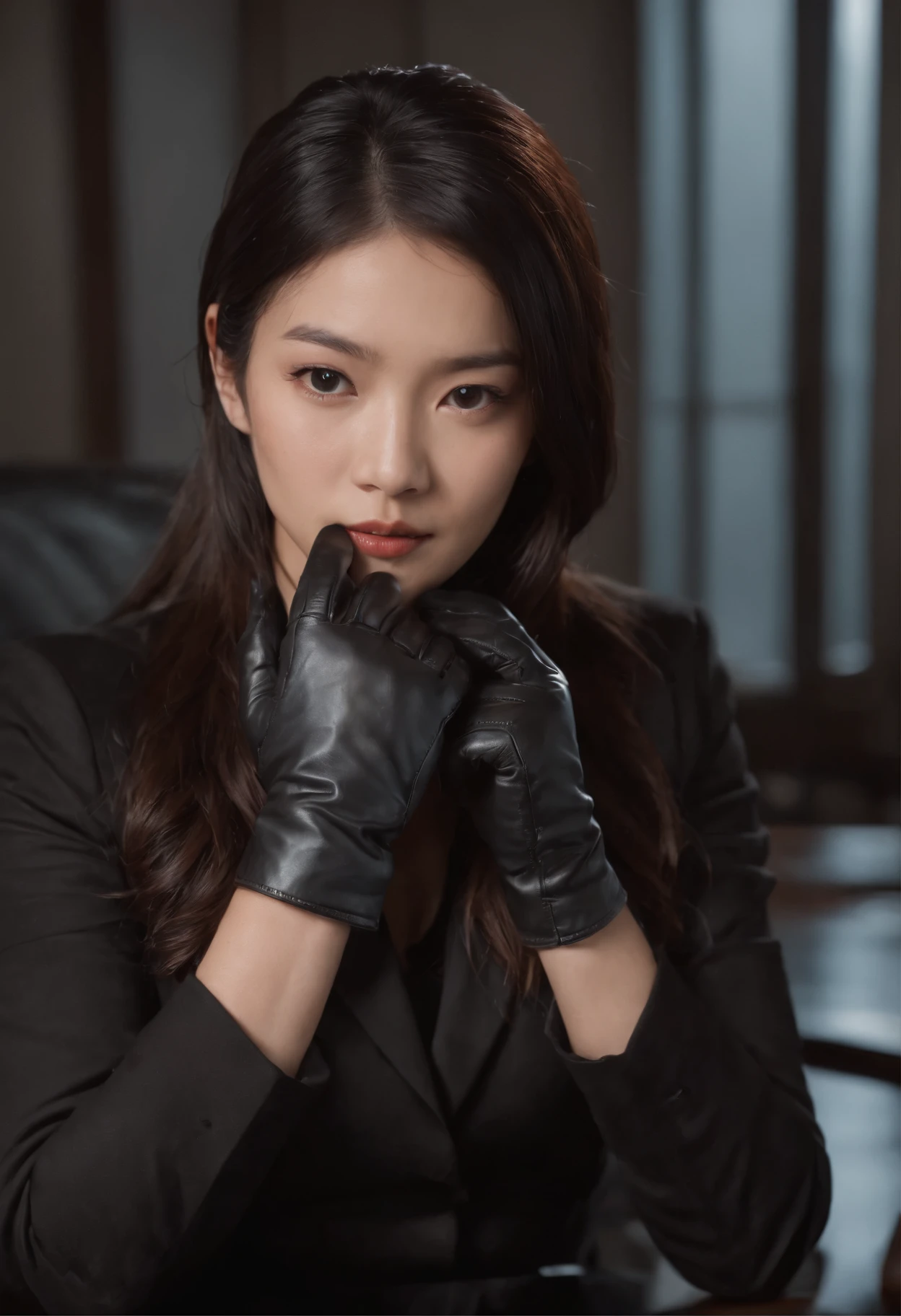 The upper body is covered with black leather gloves up to the fingertips in both hands. Black recruitment suit. Sitting on a leather chair on a desk in my room with a computer in the dark, talking to the other side of the screen. Long, black hair bundled in the back. Look at this, messing with the hair with the fingertips of black leather gloves, a very cute Japanese female