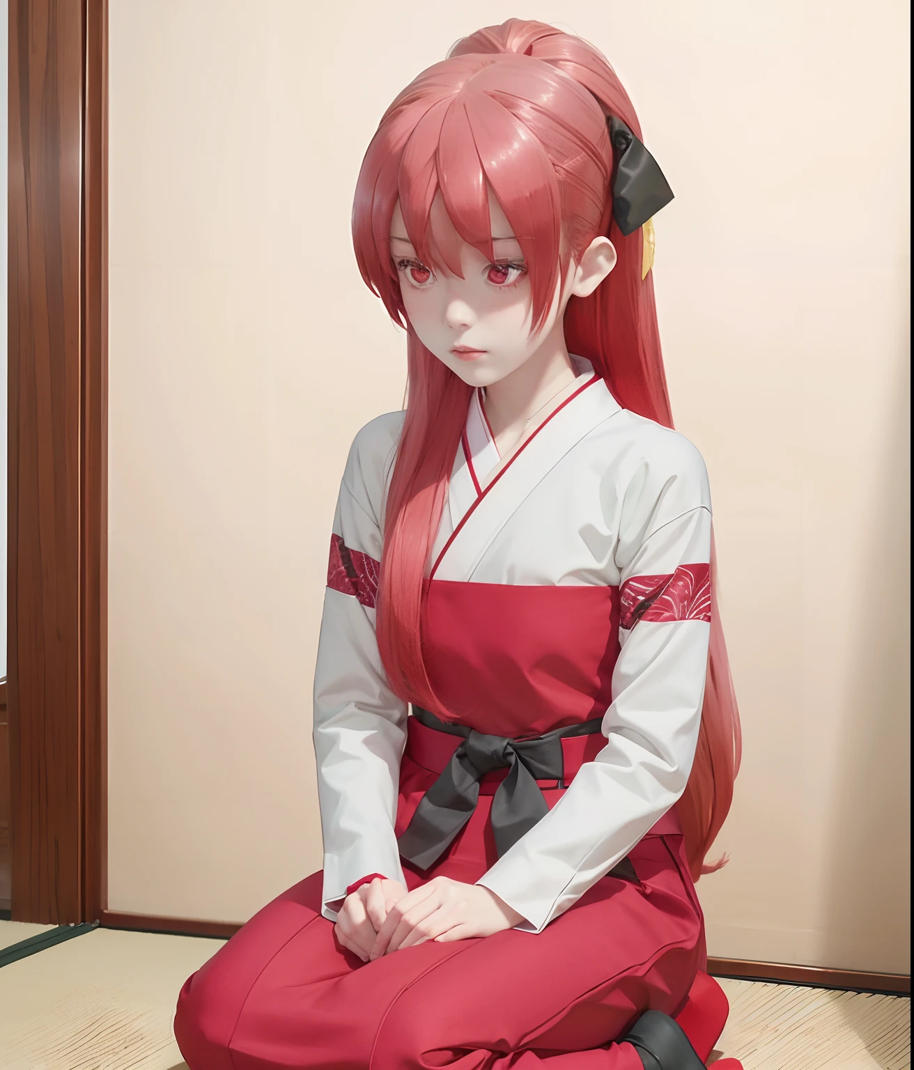 1girl, blush, solo, long hair, sitting, red eyes, tatami, red hair, long sleeves, indoors, hair bow, seiza, sweatdrop, bow