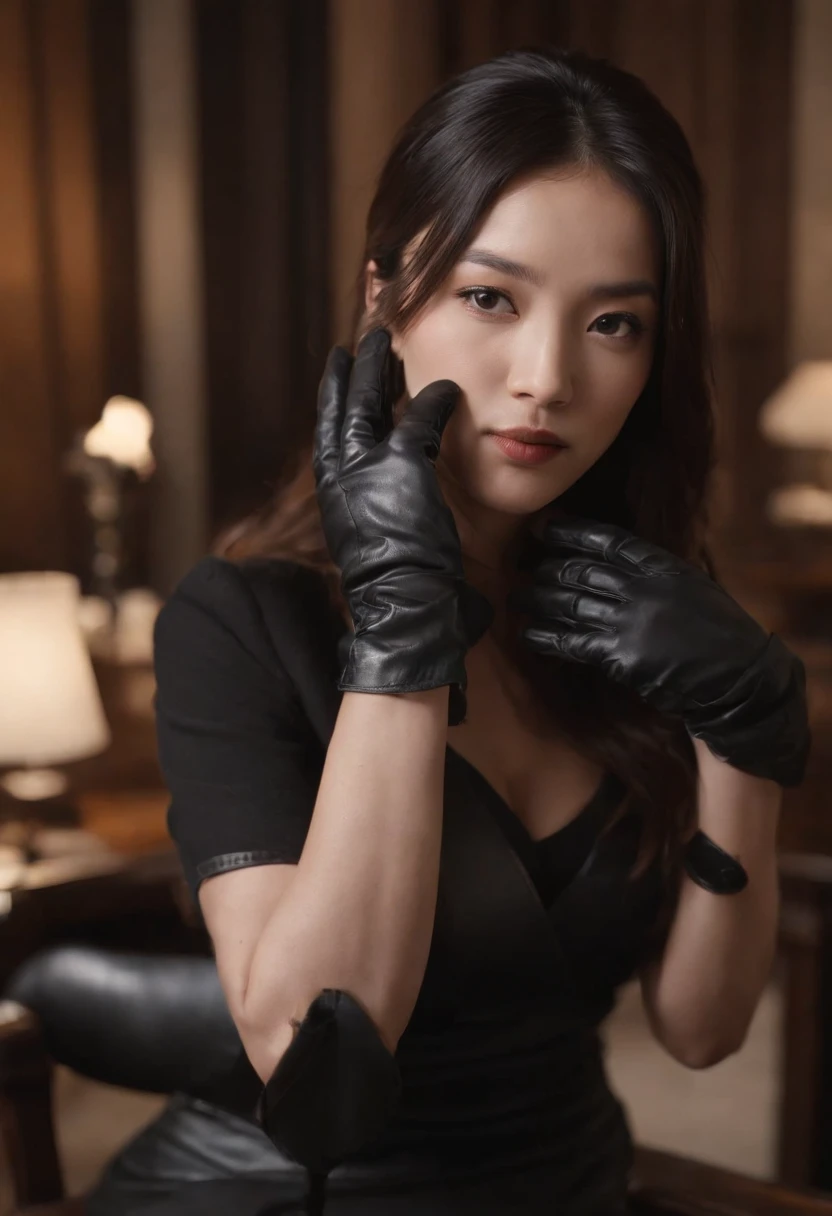 The upper body is covered with black leather gloves up to the fingertips in both hands. Black recruitment suit. Sitting on a leather chair on a desk in my room with a computer in the dark, talking to the other side of the screen. Long, black hair bundled in the back. Look at this, messing with the hair with the fingertips of black leather gloves, a very cute Japanese