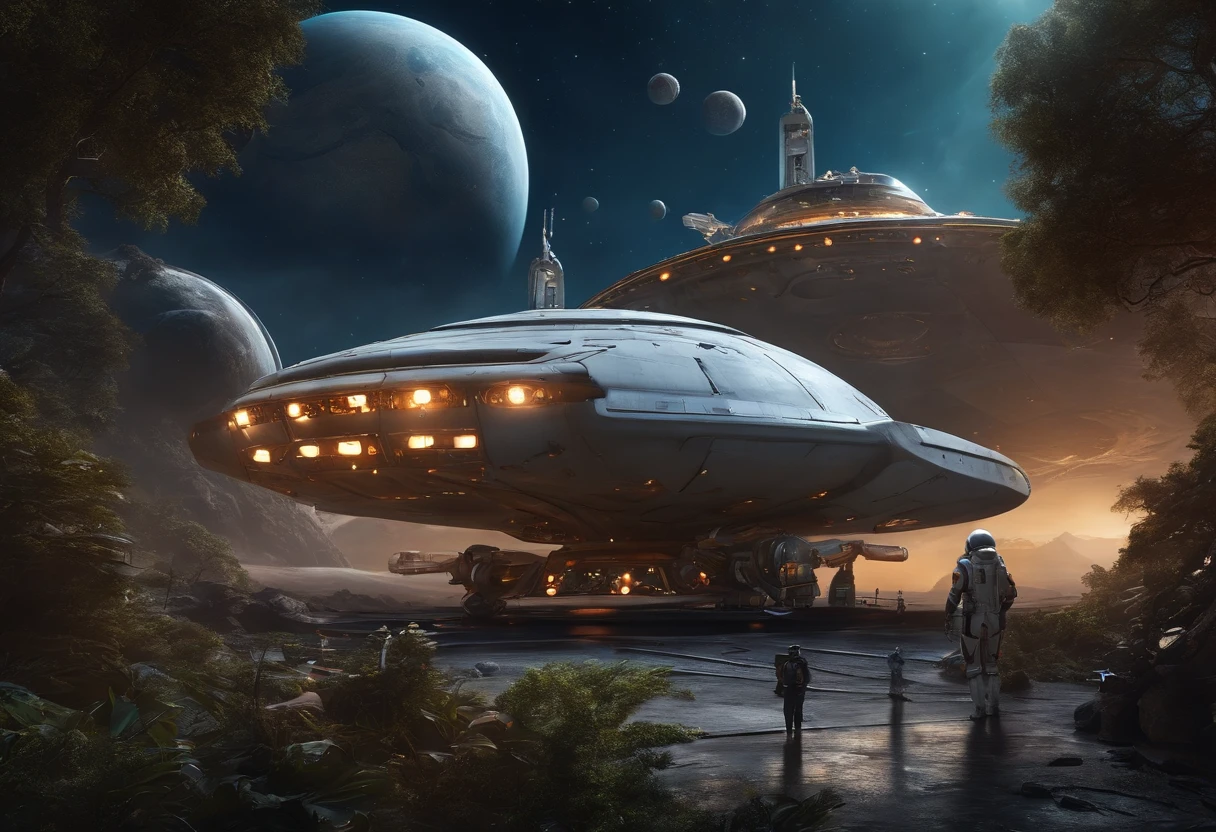 Best quality, , 超高分辨率, (Realistic photography:1.4), ultra-realistic realism, In the vast universe, there is a damaged spaceship parked. There are robots and astronauts repairing it outside the ship. There are many planets in the distance as the background.