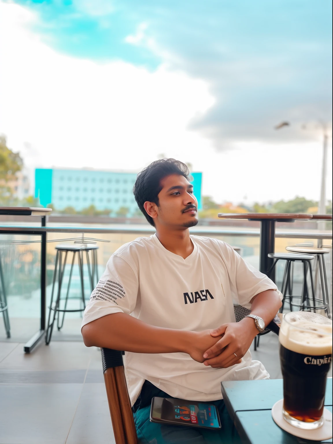 there is a man sitting at a table with a beer, sitting in a cafe, sitting in a cafe alone, nivanh chanthara, ayan nag, sitting alone in a cafe, shot with sigma f / 4. 2, shot with sigma f/ 4.2, in a coffee shop, with a cool pose, set on singaporean aesthetic