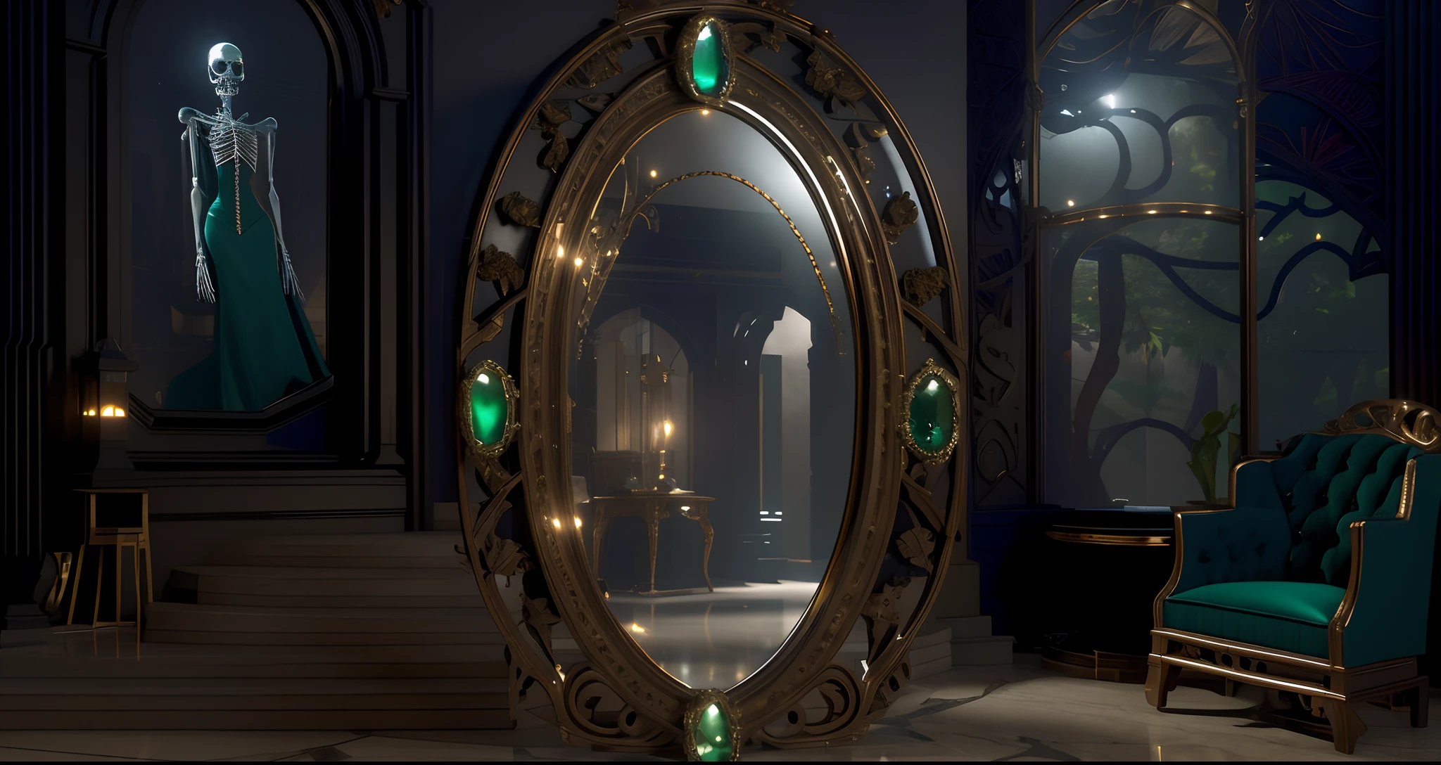 There is an oval mirror with four beautiful emeralds in the center of a sumptuous Gothic room. O espelho se encontra na frente de uma escadaria para o infinito (uma escada dos sonhos, escada sem fim). There's a beautiful jade-colored chair beneath an imposing cinematic hexagonal window (The window juts out into the Gothic room), janela com vista para uma floresta assustadora (Tetric forest full of tree branches, estilo filme de terror). There is in the other upper corner of the room the painting of an ultra-realistic human skeleton wearing a voal jade dress. Art nouveau octane render ultra realista, Motor irreal, retro film still, mystical portal mirror, Cinematic specular lighting, NVIDIA RTX Reflections, Mecanismo de captura de malha irreal, Unreal Engine Arte 5 com detalhes intrincados em vidro. Alta qualidade. Breathtaking Unreal Engine 4 rendering, master part, 8k.