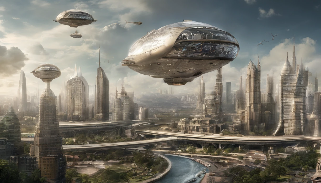 What photography,Ultra photo realsisim,Hyper-detailing,Ultra-wide-angle picture,24th century,sci fi city,and the sun was shining brightly,Tech City of the Future,Oval building,Suspended circular aircraft,Roads that lead in all directions,highly detailed surreal vfx,Smudge,Faraway view,super-fine,ultra - detailed,high qulity,8K ,oc rendered,dynamic viewing angle