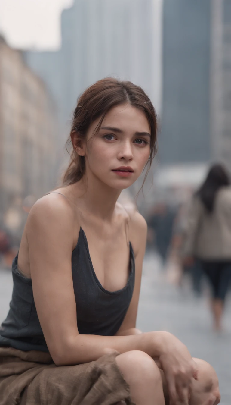 (8K, RAW Photos, Top image quality, Masterpieces, : 1.2), (Realistic, Photorealistic: 1.37), Young Girl, Small Frame, Exposed body, Torn clothes, bruised, Dirty hair, Cinematic lighting, young girl, Wet skin, A hyper-realistic, Tears, ,Crying, Bruised body, Torn clothes, Panty Round Ankle, defeated, City Background, Busy city, 20 years old, homeless, beggar