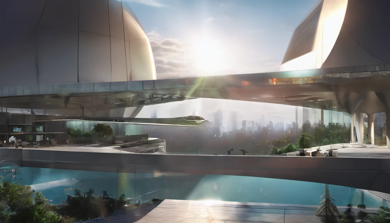 What photography,Ultra photo realsisim,Hyper-detailing,Ultra-wide-angle picture,24th century,sci fi city,and the sun was shining brightly,Tech City of the Future,Oval building,Suspended circular aircraft,Roads that lead in all directions,highly detailed surreal vfx,Smudge,Faraway view,super-fine,ultra - detailed,high qulity,8K ,oc rendered,dynamic viewing angle