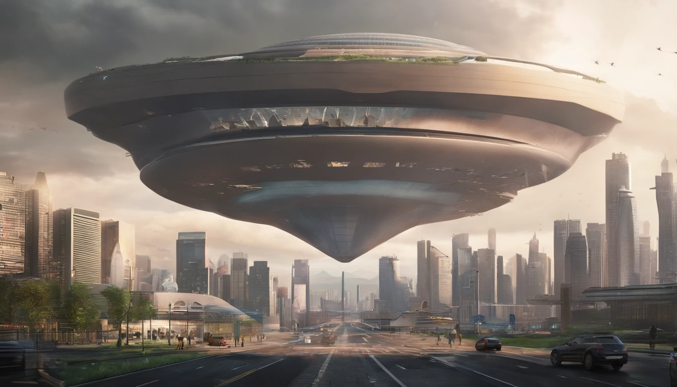 What photography,Ultra photo realsisim,Hyper-detailing,Ultra-wide-angle picture,24th century,sci fi city,and the sun was shining brightly,Tech City of the Future,Oval building,Suspended circular aircraft,Roads that lead in all directions,highly detailed surreal vfx,Smudge,Faraway view,super-fine,ultra - detailed,high qulity,8K ,oc rendered,dynamic viewing angle