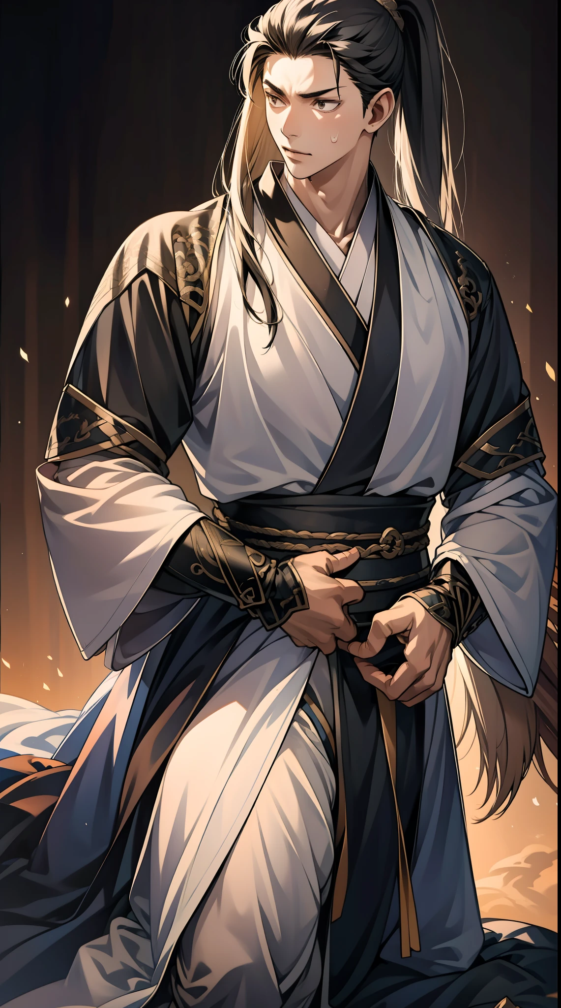 Two-dimensional, anime style, man (male warrior), muscle, correct proportions, face details, martial arts, high ponytail hairstyle, sweating, sweaty face, drooling, neck details, with Adam's apple, wet, wet, Hanfu costume, long robe, embroidered robe, dragon robe, clothing details, collar, long sleeves, game quality, swordsman demeanor, light and shadow tracing, ray tracing, detail glow, CG rendering, hair details, long black hair, golden eyes, sweaty face, handsome, handsome, sweat beads slipping down the neck, (juvenile feeling), complex clothing, wet, wet, perfect composition, refinement, high quality, more details, a lot of details, complex background, atmosphere,