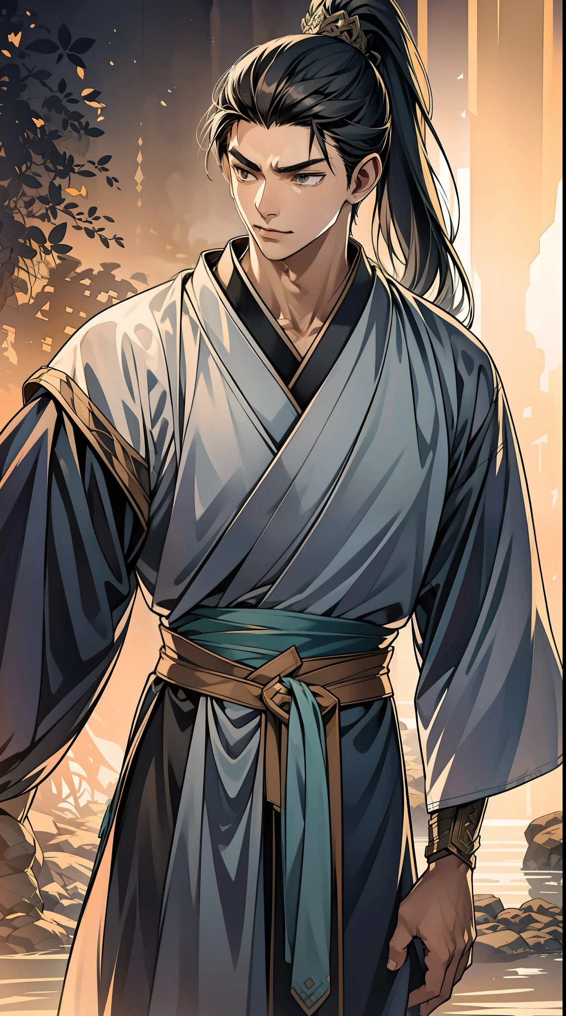 quadratic element,style of anime,mtu(Male Warrior),The proportions are correct,Face details,swordsmen,High ponytail hairstyle,Neck details,There is an Adam's apple,Black Hanfu,kaftan,Embroidered robes,Black robe,clothes details,Handing over,longer sleeves,Game quality,Swordsmanship,Light and shadow tracking,Ray traching,detailed glow,cg render,hair detail,cabelos preto e longos,Black eyes,Handsome,Handsome,(juvenile sense),Clothing is complicated,Perfectcomposition,Refinement,high qulity,higher details,Lots of details,The background is complex,a sense of atmosphere,