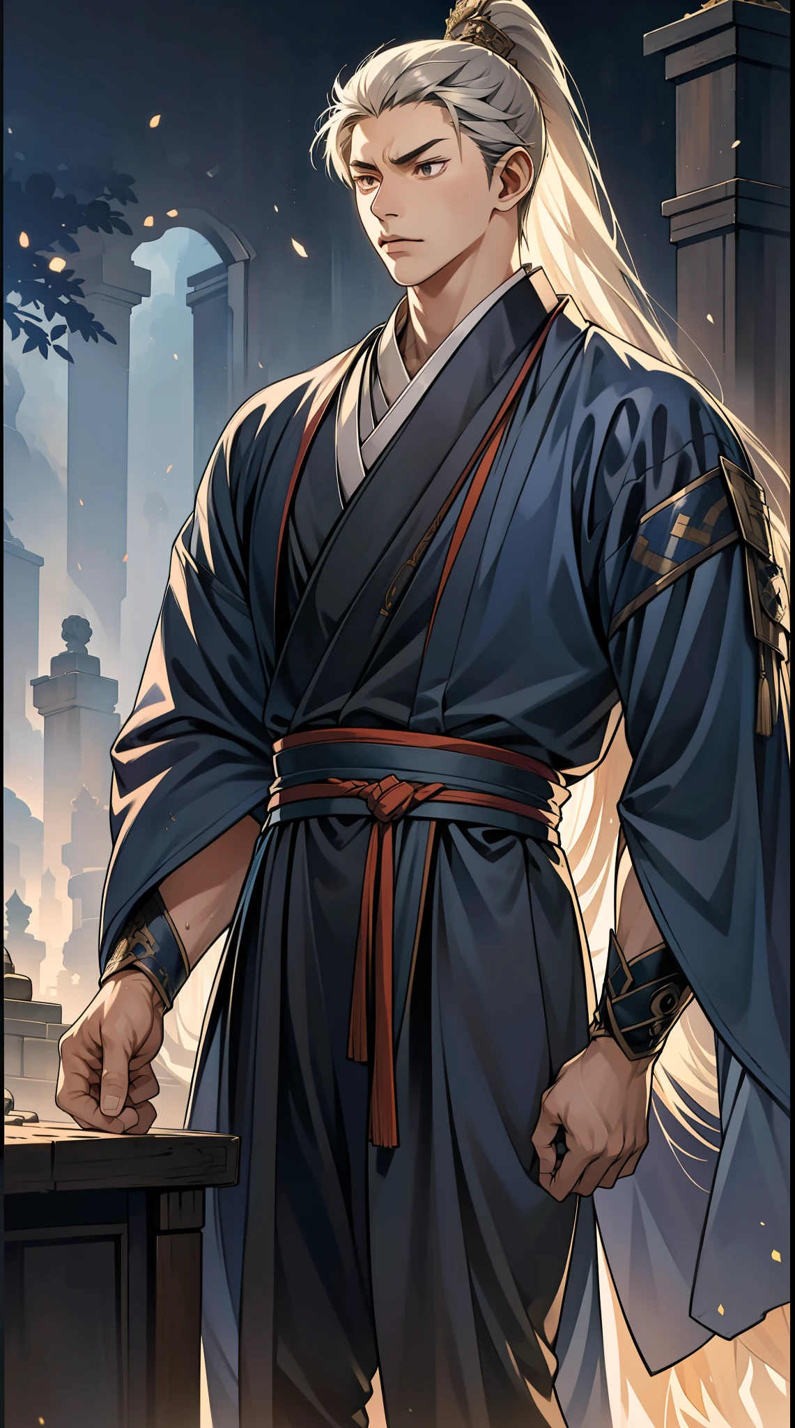 quadratic element,style of anime,mtu(Male Warrior),The proportions are correct,Face details,swordsmen,High ponytail hairstyle,Neck details,There is an Adam's apple,Black Hanfu,kaftan,Embroidered robes,Black robe,clothes details,Handing over,longer sleeves,Game quality,Swordsmanship,Light and shadow tracking,Ray traching,detailed glow,cg render,hair detail,cabelos preto e longos,Black eyes,Handsome,Handsome,(juvenile sense),Clothing is complicated,Perfectcomposition,Refinement,high qulity,higher details,Lots of details,The background is complex,a sense of atmosphere,