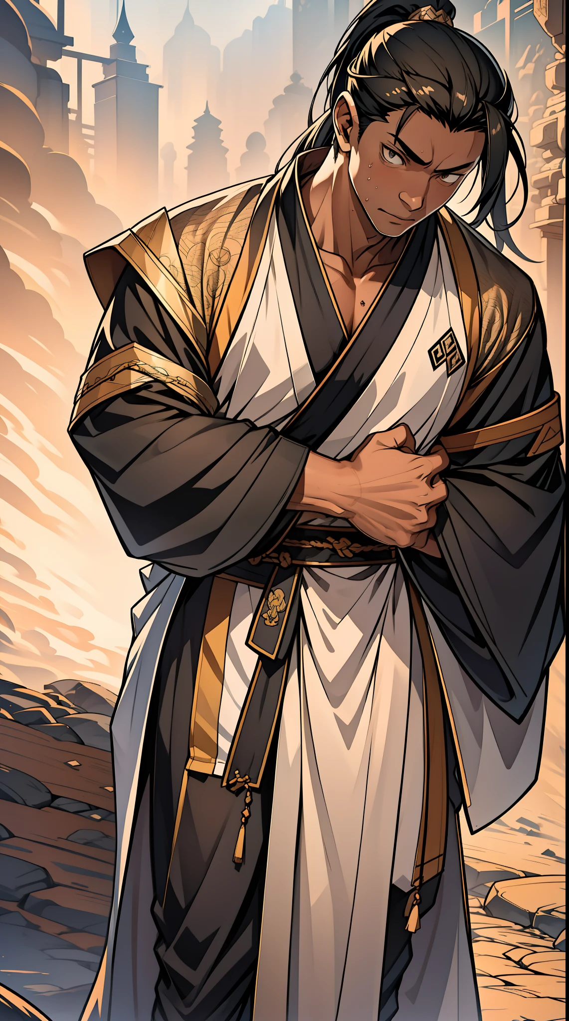 quadratic element,style of anime,mtu(Male Warrior),The proportions are correct,Face details,swordsmen,High ponytail hairstyle,Neck details,There is an Adam's apple,Black Hanfu,kaftan,Embroidered robes,Black robe,clothes details,Handing over,longer sleeves,Game quality,Swordsmanship,Light and shadow tracking,Ray traching,detailed glow,cg render,hair detail,cabelos preto e longos,Black eyes,Handsome,Handsome,(juvenile sense),Clothing is complicated,Perfectcomposition,Refinement,high qulity,higher details,Lots of details,The background is complex,a sense of atmosphere,