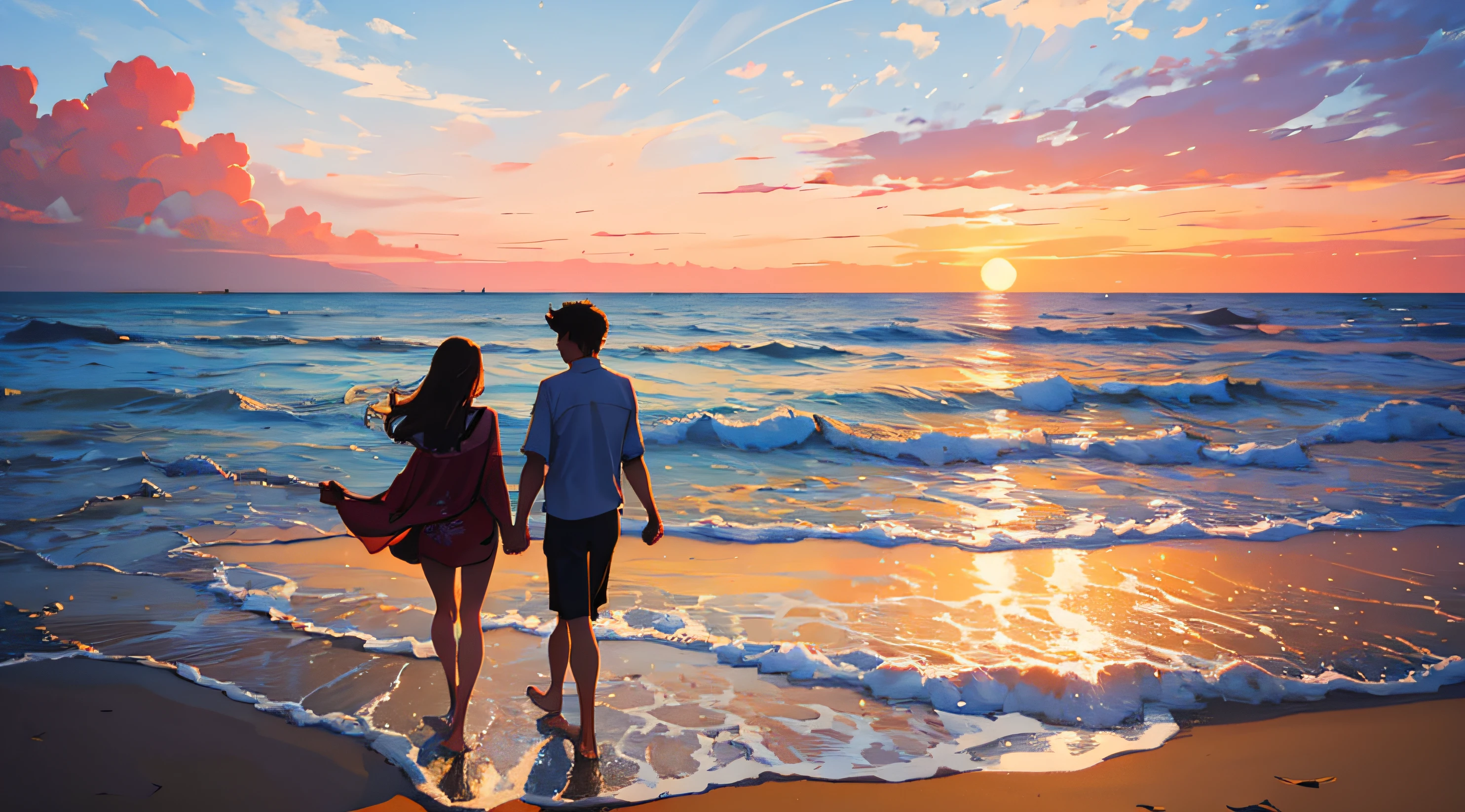 ((Best Quality, 8K, Masterpiece: 1.3)), A loving couple walking hand in hand on a beach at sunset, symbolizing romance and togetherness.