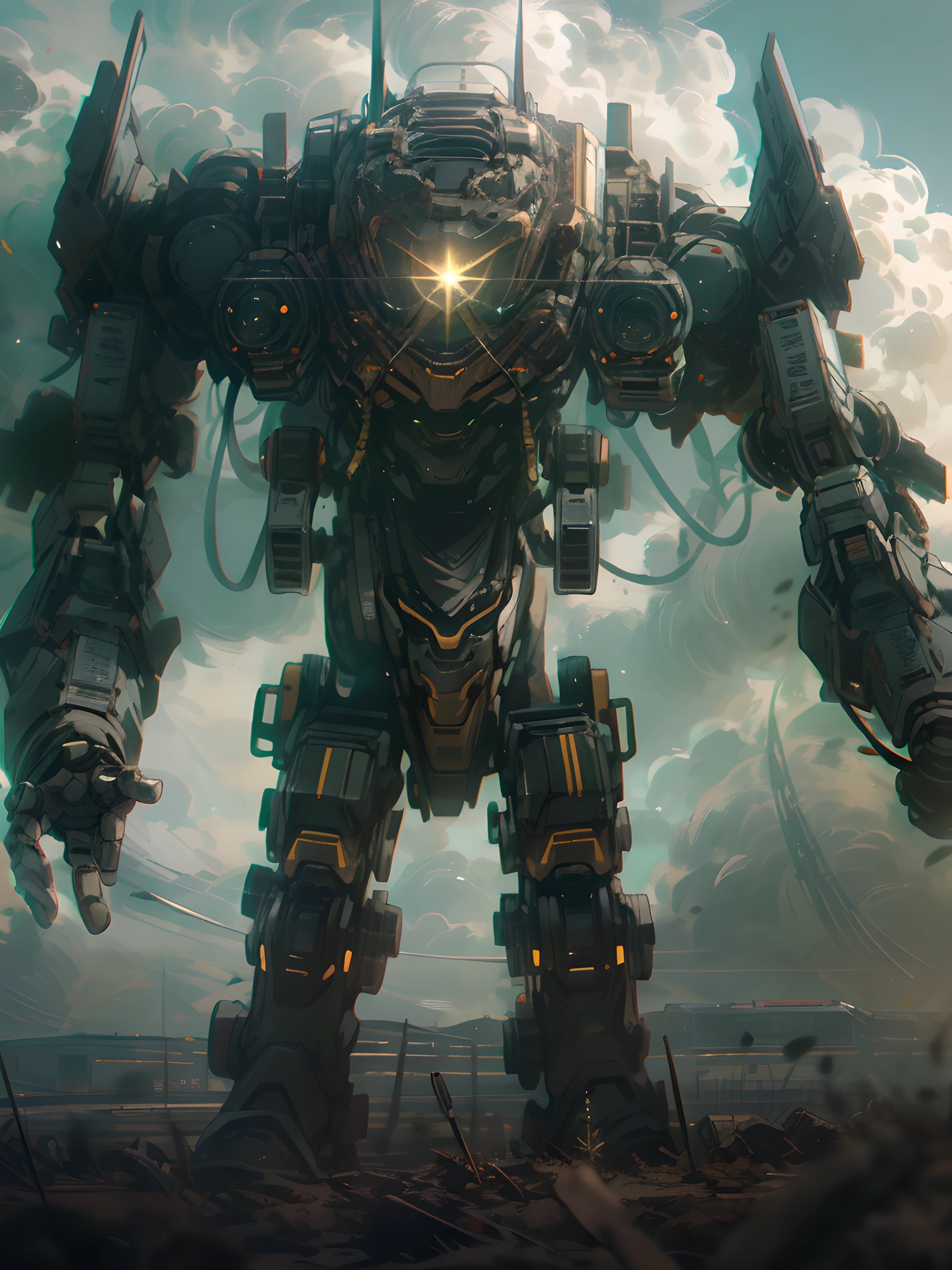 A majestic mech standing tall in a Petrified Field, as illustrated by Glen Angus, highly detailed, dynamic lighting, cinematic composition, futuristic, mechanical, sci-fi, dark and moody atmosphere, HD, trending on ArtStation:: Glen Angus style, mechanical marvel, metallic texture, intricate details, powerful presence, glowing eyes, steam and smoke effects, rivets and gears, cyberpunk elements:: Wide angle lens, low angle shot, dramatic perspective, lens flare, high contrast, depth of field, shutter speed 1/1000s, ISO 800, Bokeh effect:: Mech, sci-fi::-0.5 Petrified Field, Glen Angus::-0.5 --ar 16:9 Skysky,clouds,holding_weapon,no_humans,with light glowing,,droid,buliding,glowing_eyes,mecha,scientific fiction,城市,Realistis,Mecha Spider-Man