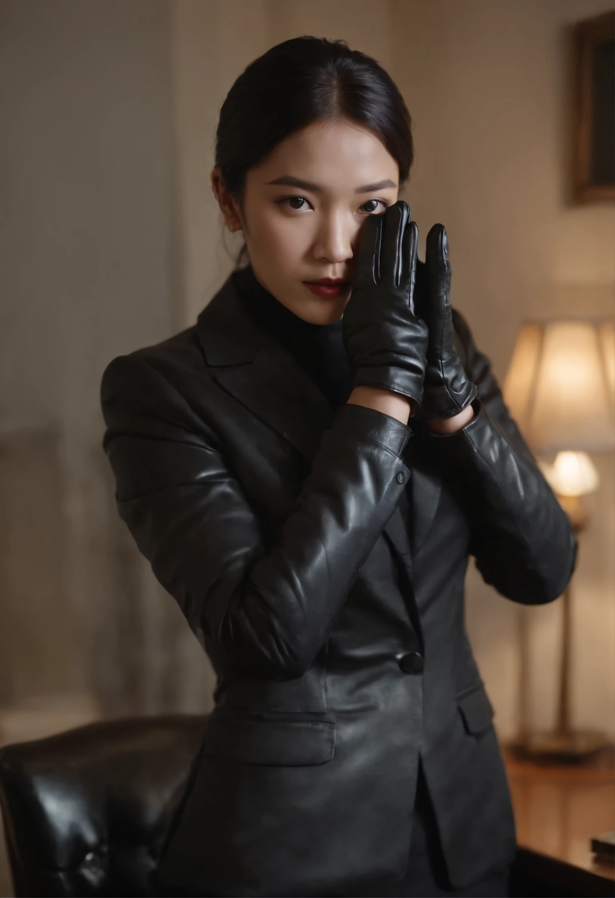 The upper body is covered with black leather gloves up to the fingertips in both hands. Black recruitment suit. Sitting on a leather chair on a desk in my room with a computer in the dark, talking to the other side of the screen. Long, black hair bundled in the back. Look at this, messing with the hair with the fingertips of black leather gloves, a very cute Japanese