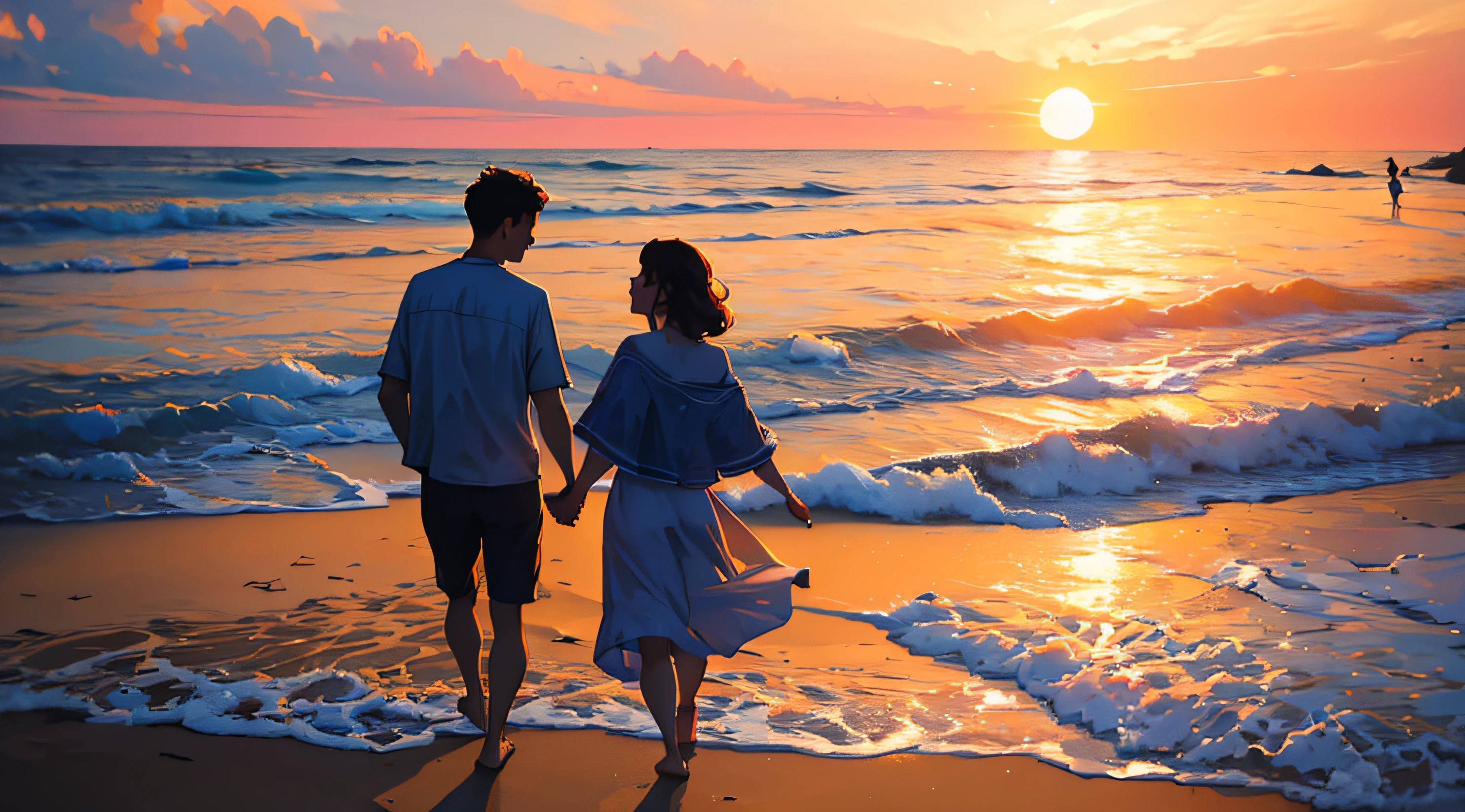 ((Best Quality, 8K, Masterpiece: 1.3)), A loving couple walking hand in hand on a beach at sunset, symbolizing romance and togetherness.