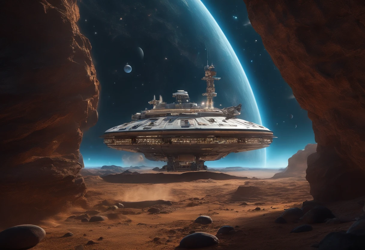 Best quality, , 超高分辨率, (Realistic photography:1.4), ultra-realistic realism, A damaged spaceship is floating in the vast universe. There are robots and astronauts outside the ship repairing it. There are many planets in the distance as the background.